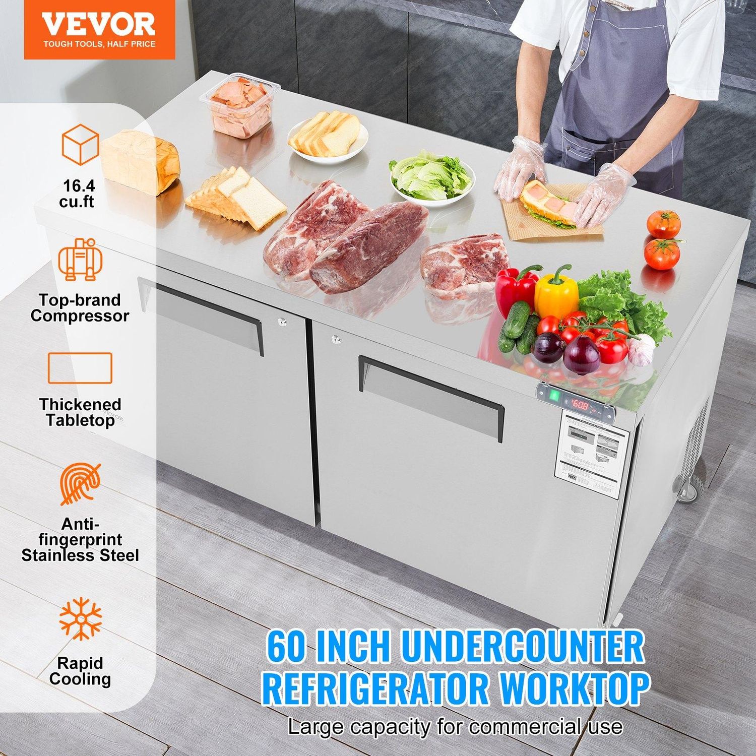 VEVOR 60&quot; Commercial Refrigerator Sandwich &amp; Salad Prep Table, 16.4 Cu. Ft, Capacity: 16.4 cu.ft