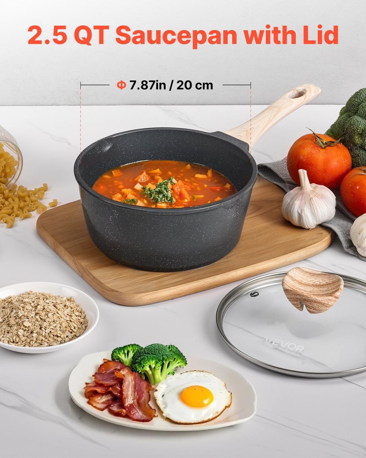 VEVOR 2.5 QT Saucepan, Nonstick Saucepan with Tempered Glass Lid, Multipurpose, Color: Black