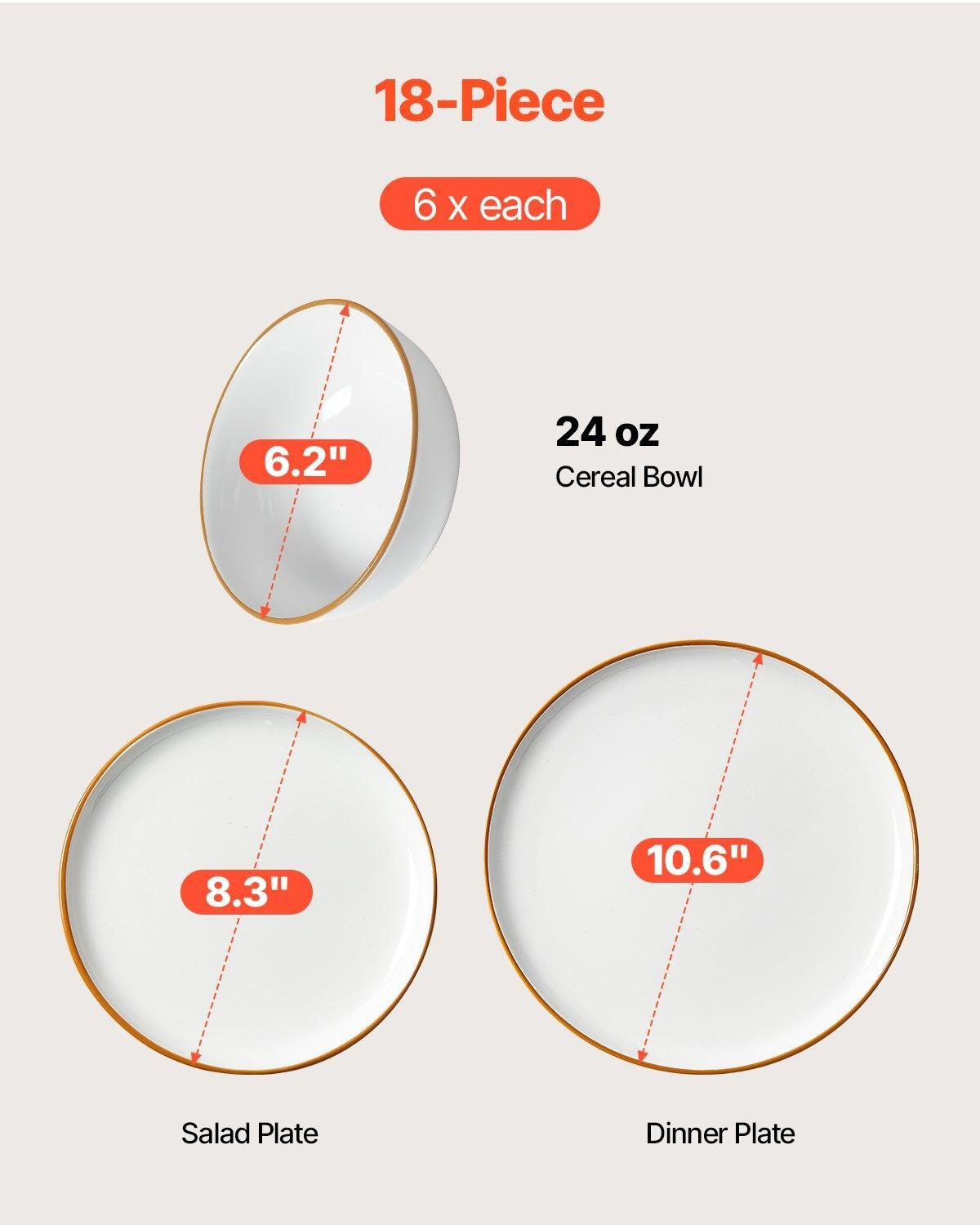 VEVOR Dinnerware Set, Service for 6 (18 PCS), Round Plates and Bowls Sets, Quantity: 18 PCS