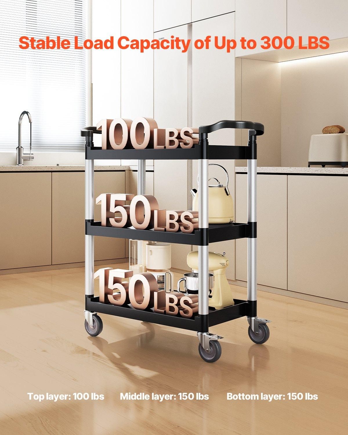 VEVOR Utility Cart, 300 lbs Load Capacity, 3-tier Utility Plastic Cart with 360, Number of Layers: 3 Layers