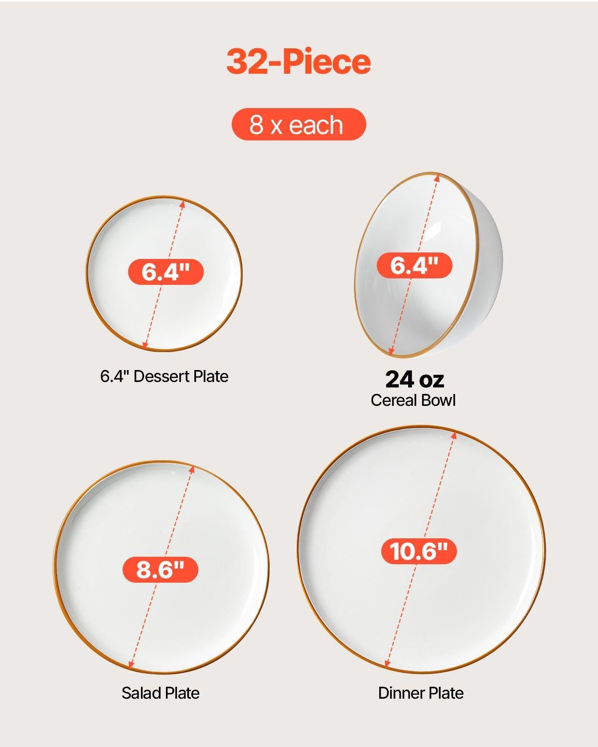 VEVOR Dinnerware Set, Service for 8 (32 PCS), Round Plates and Bowls Sets, Quantity: 32 PCS