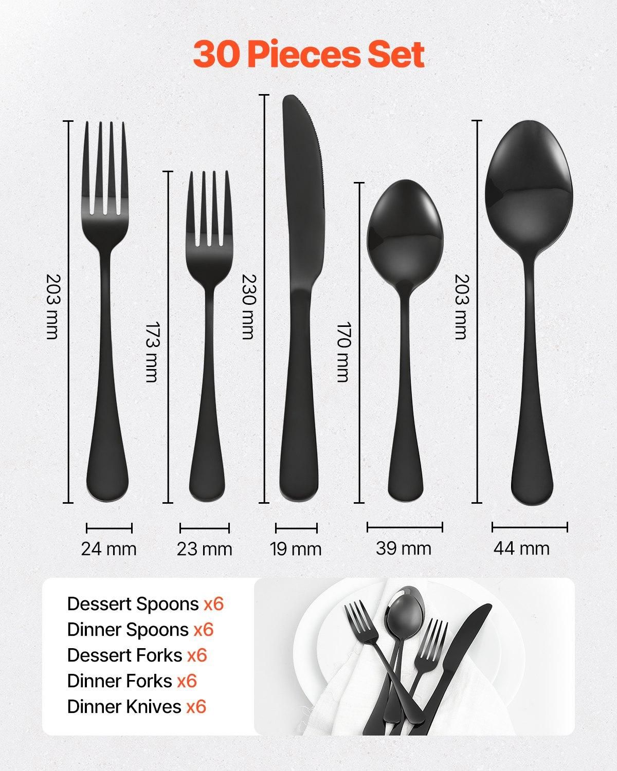 VEVOR 30-Piece Black Silverware Set, Food-Grade Stainless Steel Flatware, Color: Black-430