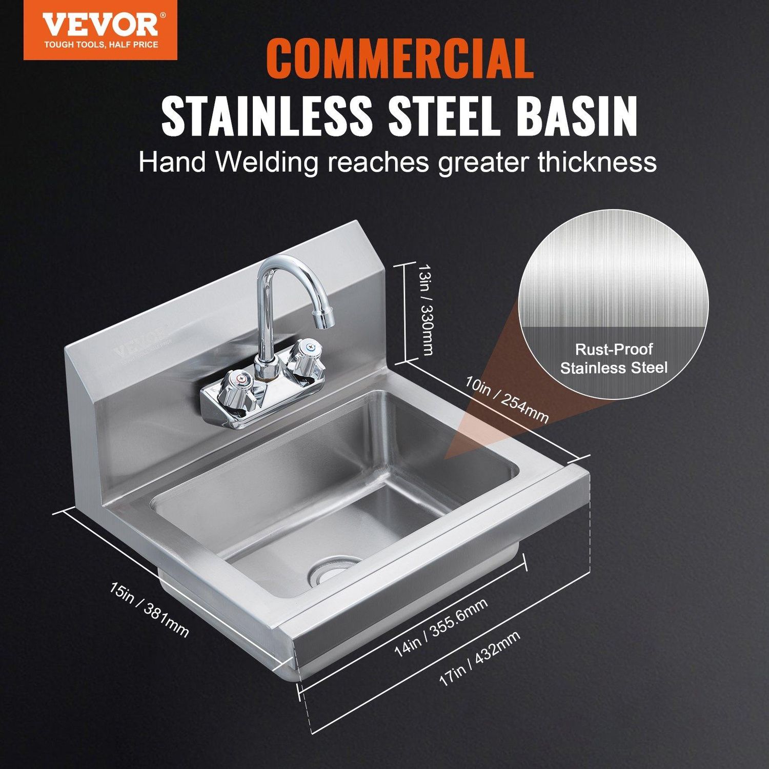 VEVOR Commercial Hand Sink with Faucet, Stainless Steel Sink for Washing, Small, Water Barrier Structure: Without Water Barrier