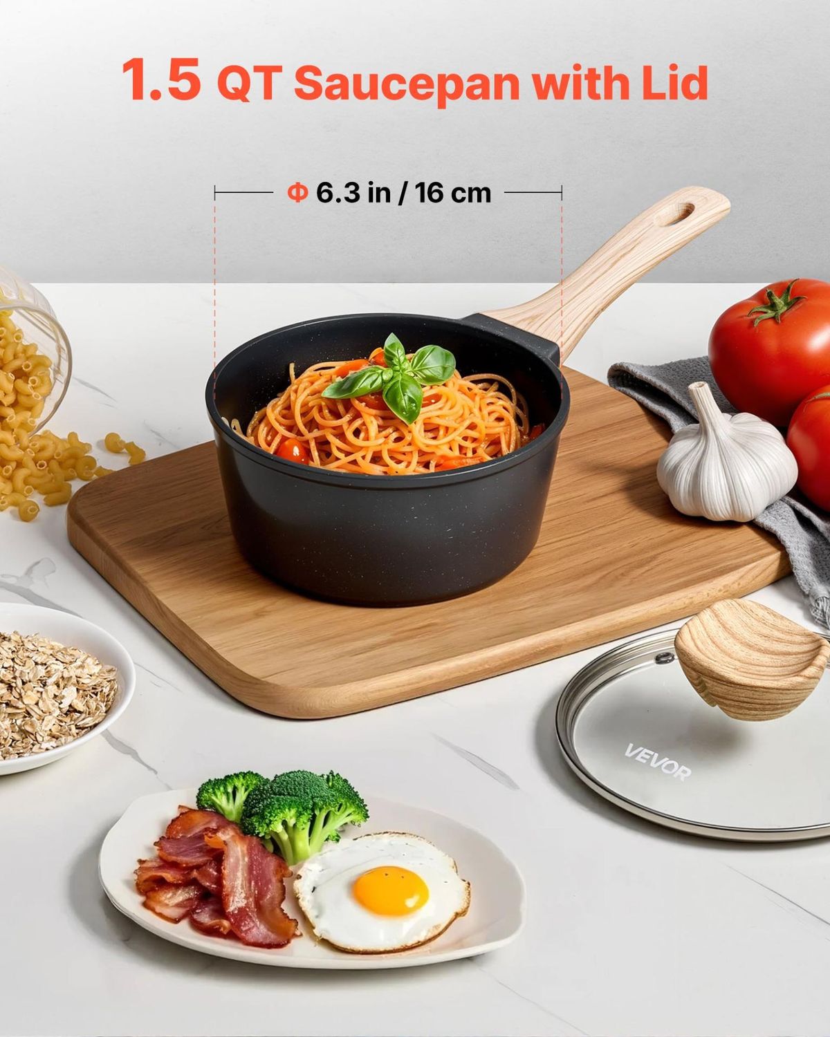 VEVOR 1.5 QT Saucepan, Nonstick Saucepan with Tempered Glass Lid, Multipurpose, Color: Black