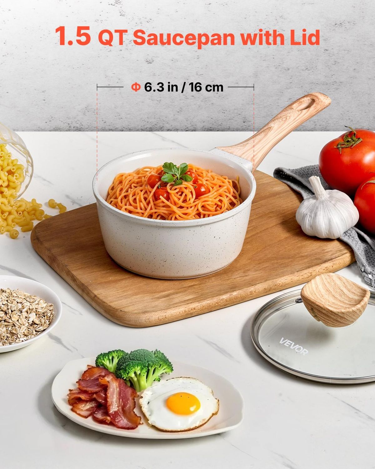 VEVOR 1.5 QT Saucepan, Nonstick Saucepan with Tempered Glass Lid, Multipurpose, Color: White