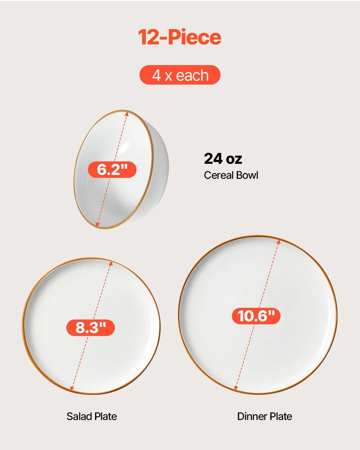 VEVOR Dinnerware Set, Service for 4 (12 PCS), Round Plates and Bowls Sets, Quantity: 12 PCS