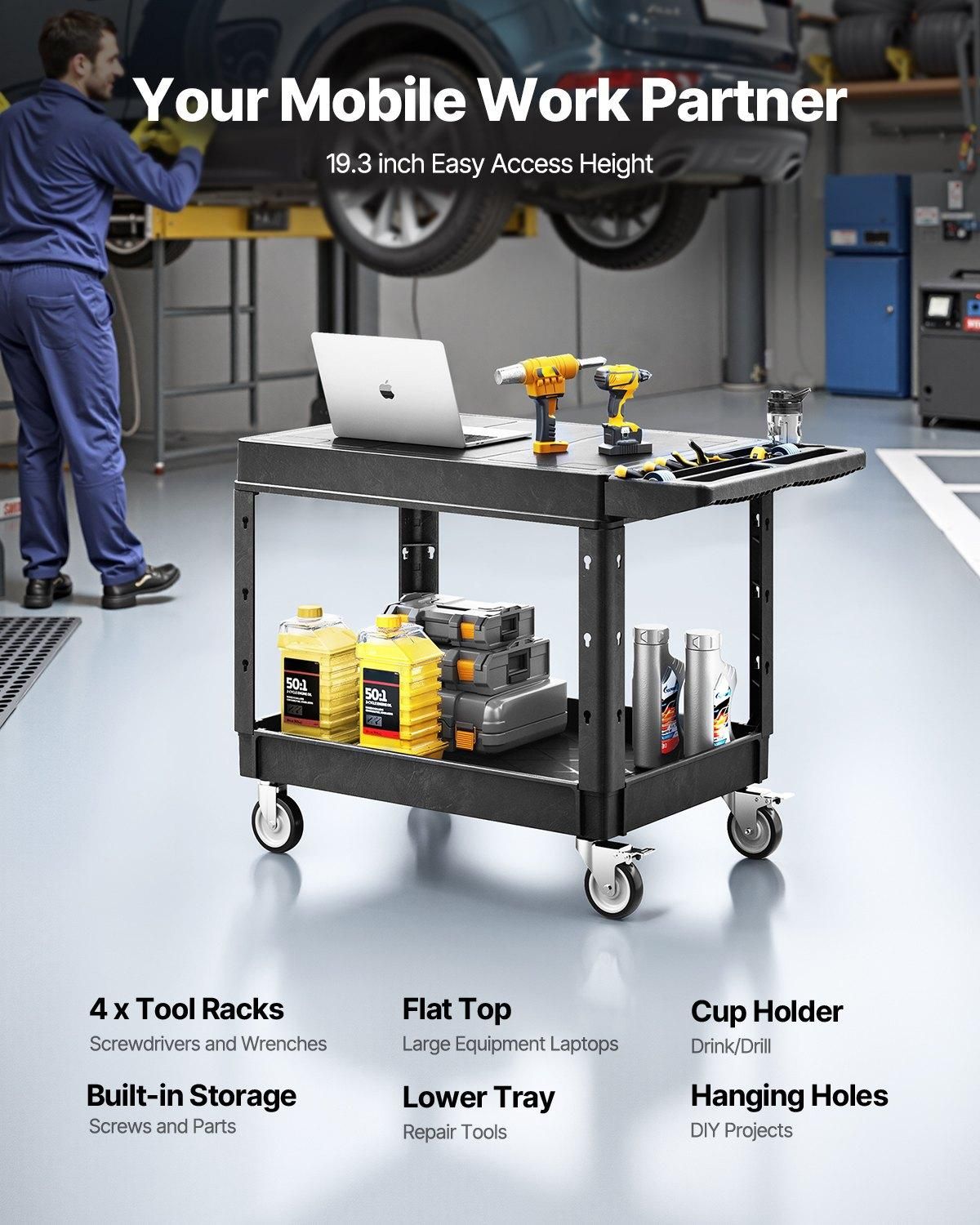 VEVOR Utility Cart, 550 lbs Load Capacity, 37 x 25.4-inch Service Cart, Number of Layers: 2 Layers