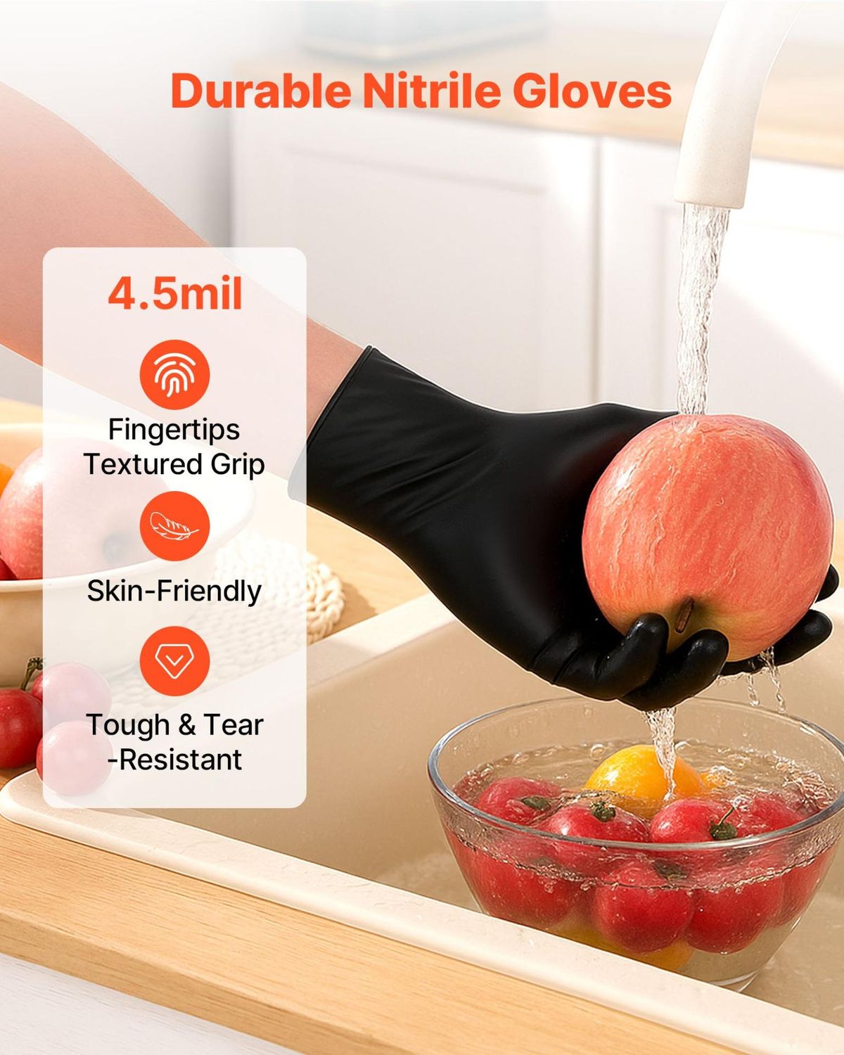 VEVOR Disposable Gloves, 4.5 Mil Black Nitrile Gloves with Textured Fingertips, Quantity: 100 pcs