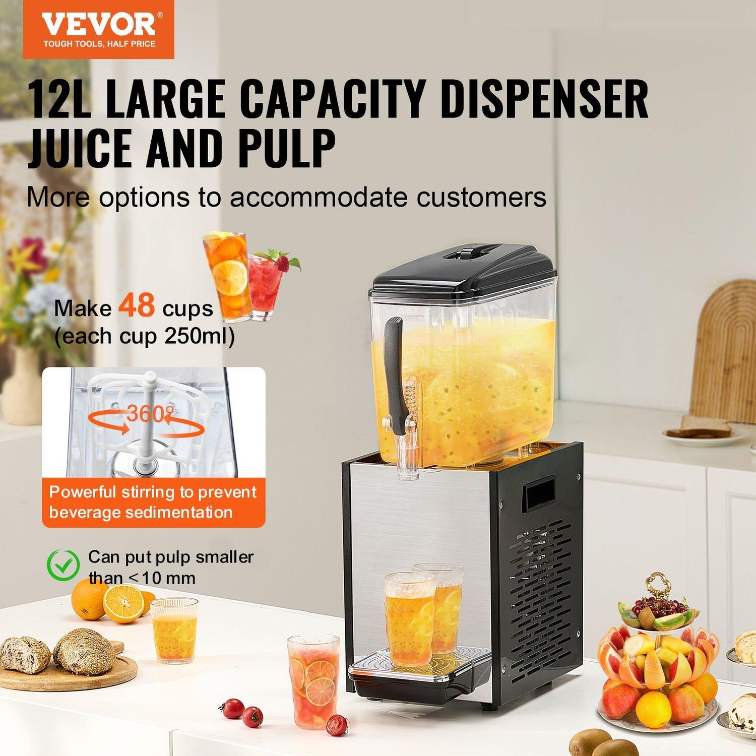 VEVOR Commercial Beverage Dispenser 12L Cold Juice Ice Drink Dispenser for Party, Number of Cylinders: 1