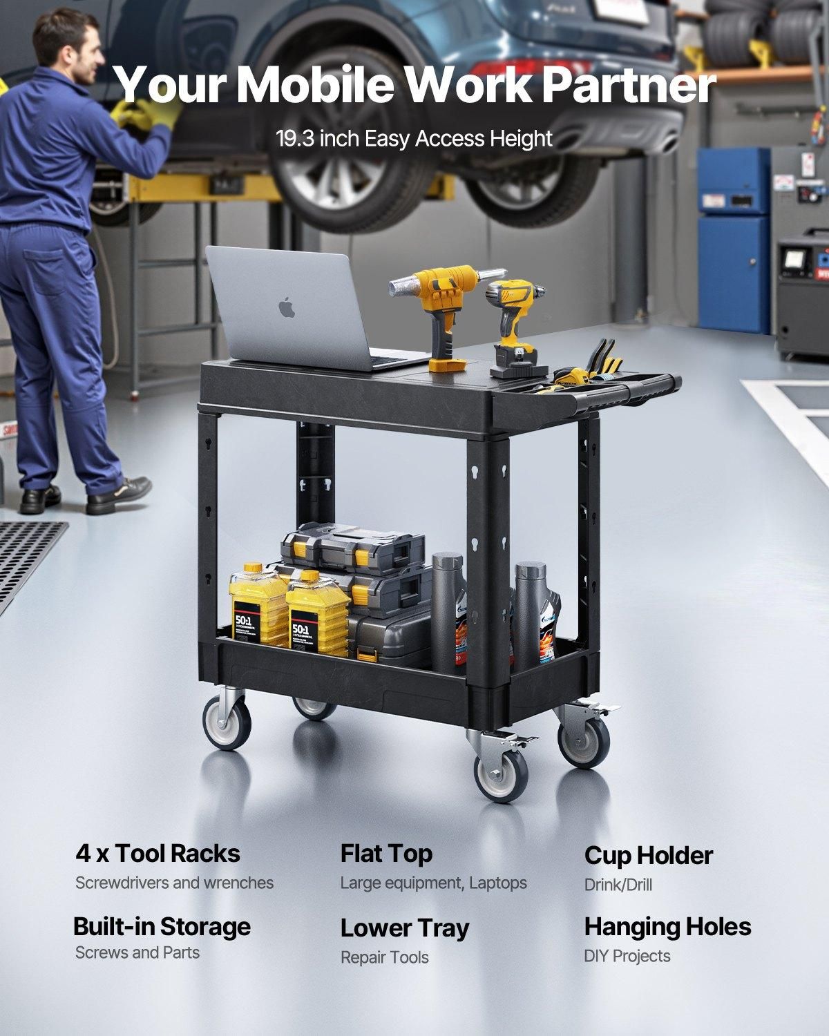 VEVOR Utility Cart, 550 lbs Load Capacity, 31.3 x 17.7-inch Service Cart, Number of Layers: 2 Layers