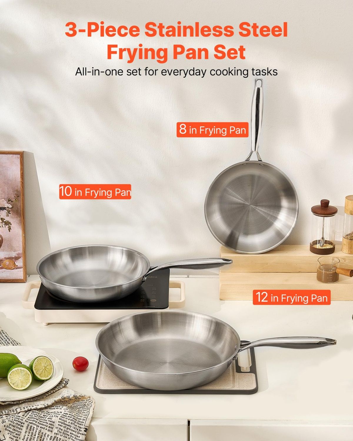 VEVOR Tri-Ply Stainless Steel Frying Pan, 3 Pcs Set (8, 10, 12 in), Cooking, Style: Stainless Steel Skillet