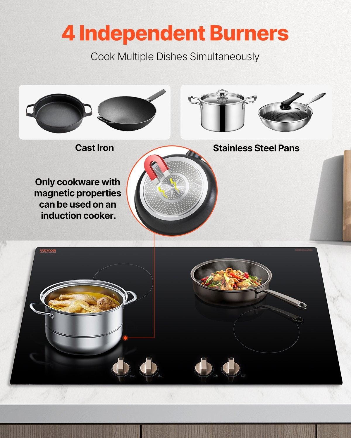 VEVOR Induction Cooktop, 6600W Electric Countertop Burner, 4 Burner Knob Control, Power: 6000 W