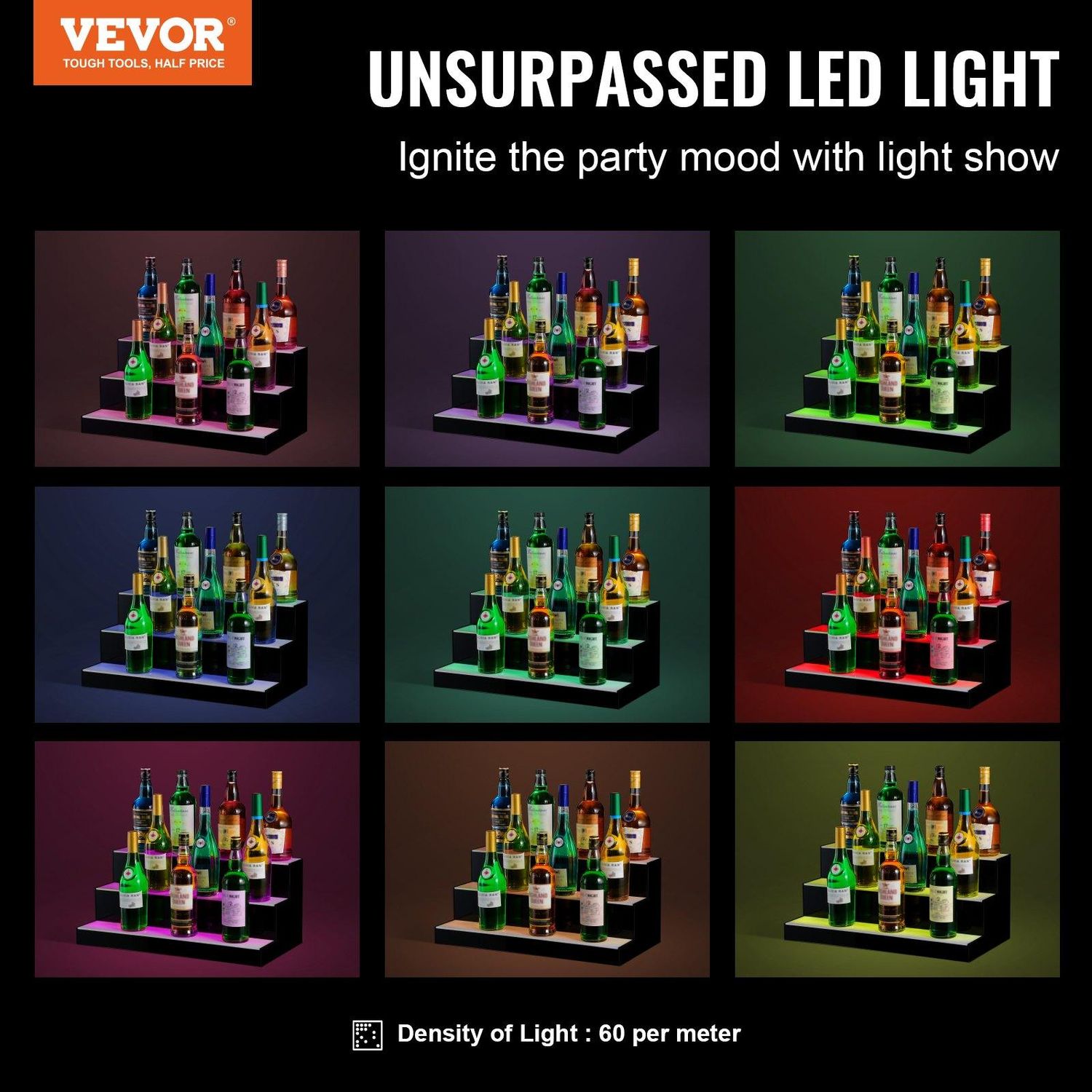VEVOR LED Lighted Liquor Bottle Display Bar Shelf RF &amp; App Control 24&quot; 3-Step, Number of Layers: 3 Layers