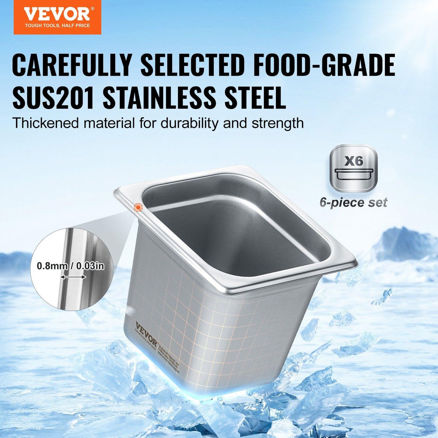 VEVOR 6 Pack Hotel Pans, 1/6  Size Anti-Jam Steam Pan, 0.8mm Thick Stainless, Size: 1/6 Size