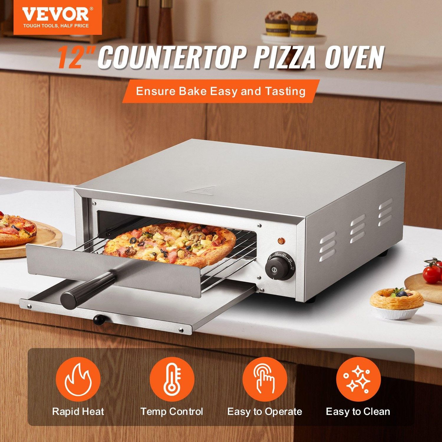VEVOR Electric Pizza Oven 12-inch 1500W 122-662 Temp Range Removable Crumb Tray, Number of Layers: Single Layer