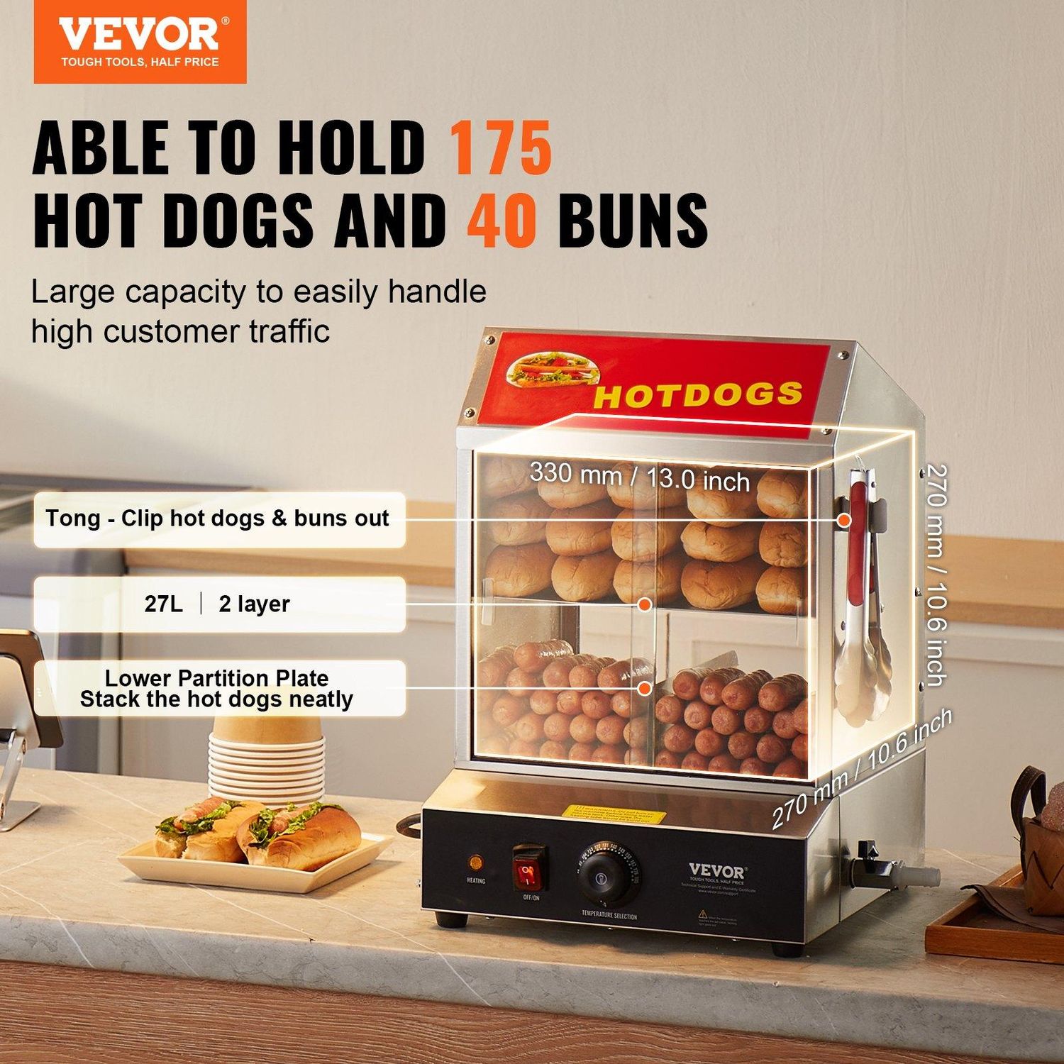 VEVOR Commercial Hot Dog Steamer 2-Tier Electric Bun Warmer 28.5QT Slide Doors, Capacity: 27L