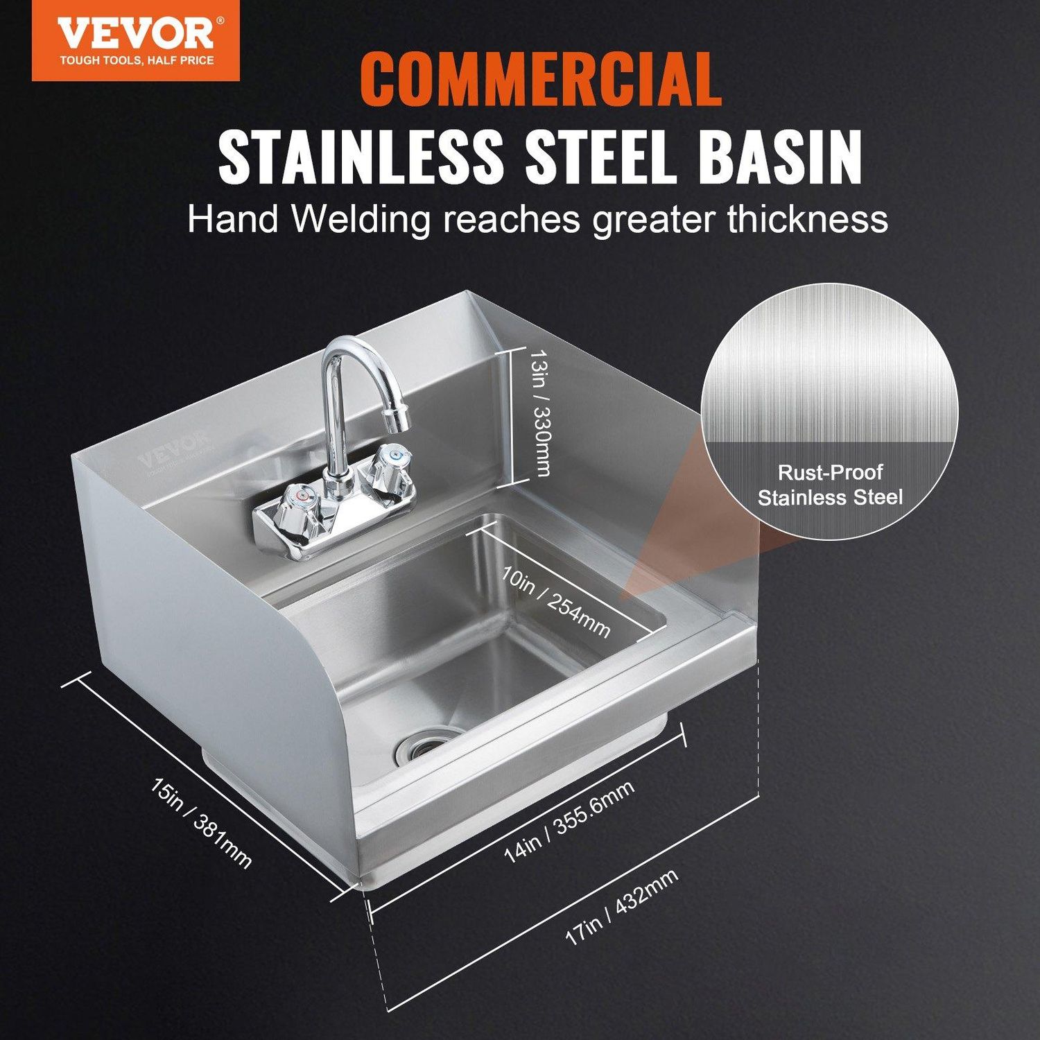 VEVOR Commercial Hand Sink with Faucet and Side Splash, Stainless Steel Sink for, Water Barrier Structure: With Water Barrier