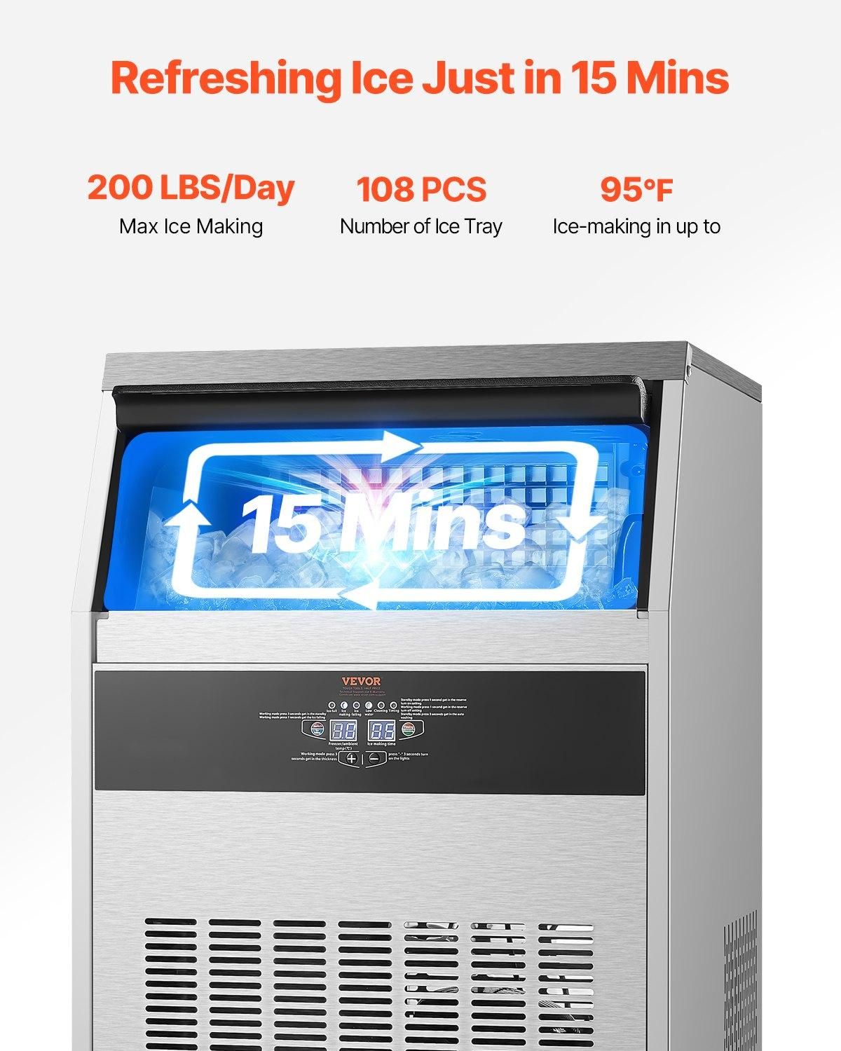 VEVOR Commercial Ice Maker Machine, 200lbs/24H Ice Maker Machine with 66lbs, Ice Making Capacity: 200lbs/24h