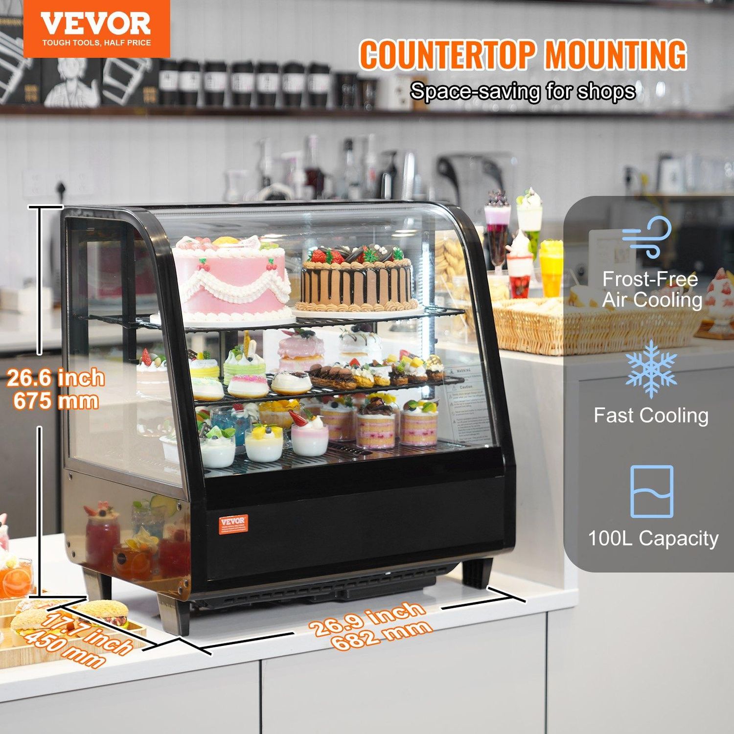 VEVOR Refrigerated Display Case, 3.5 Cu.Ft./100L, 2-Tier, Countertop Pastry, Number of Layers: 3