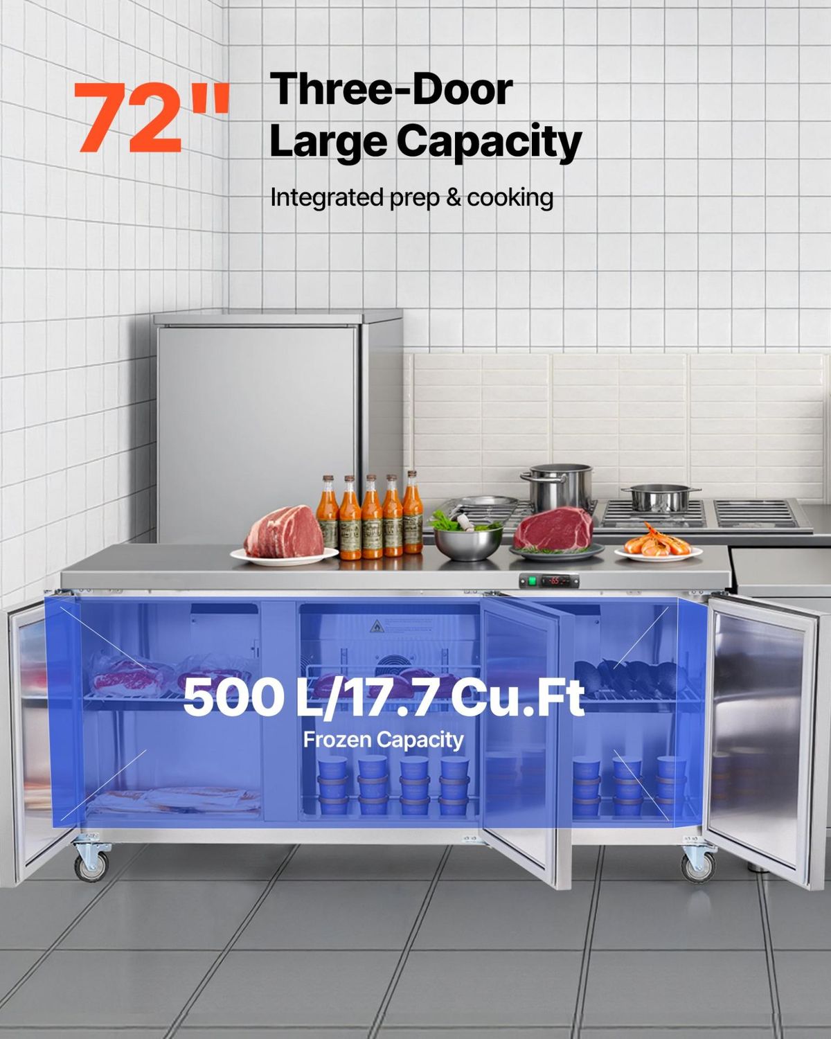 VEVOR 72&quot; W Commercial Freezer, 17.7 Cu.Ft Worktop Freezers Undercounter with, Size: 72 inch
