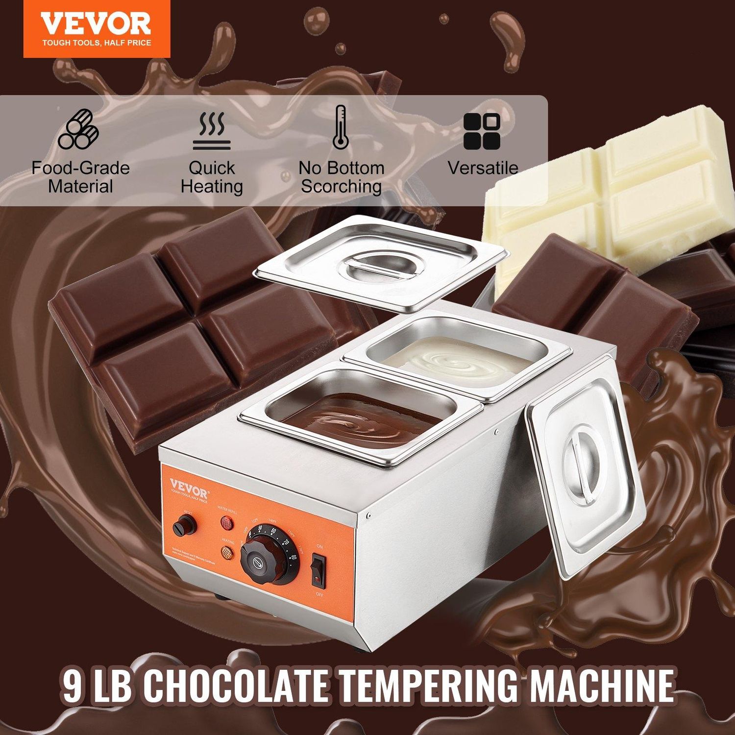 VEVOR Chocolate Tempering Machine, 9 Lbs 2 Tanks Chocolate Melting Pot with TEMP, Specification: 9 lbs-2 Tanks