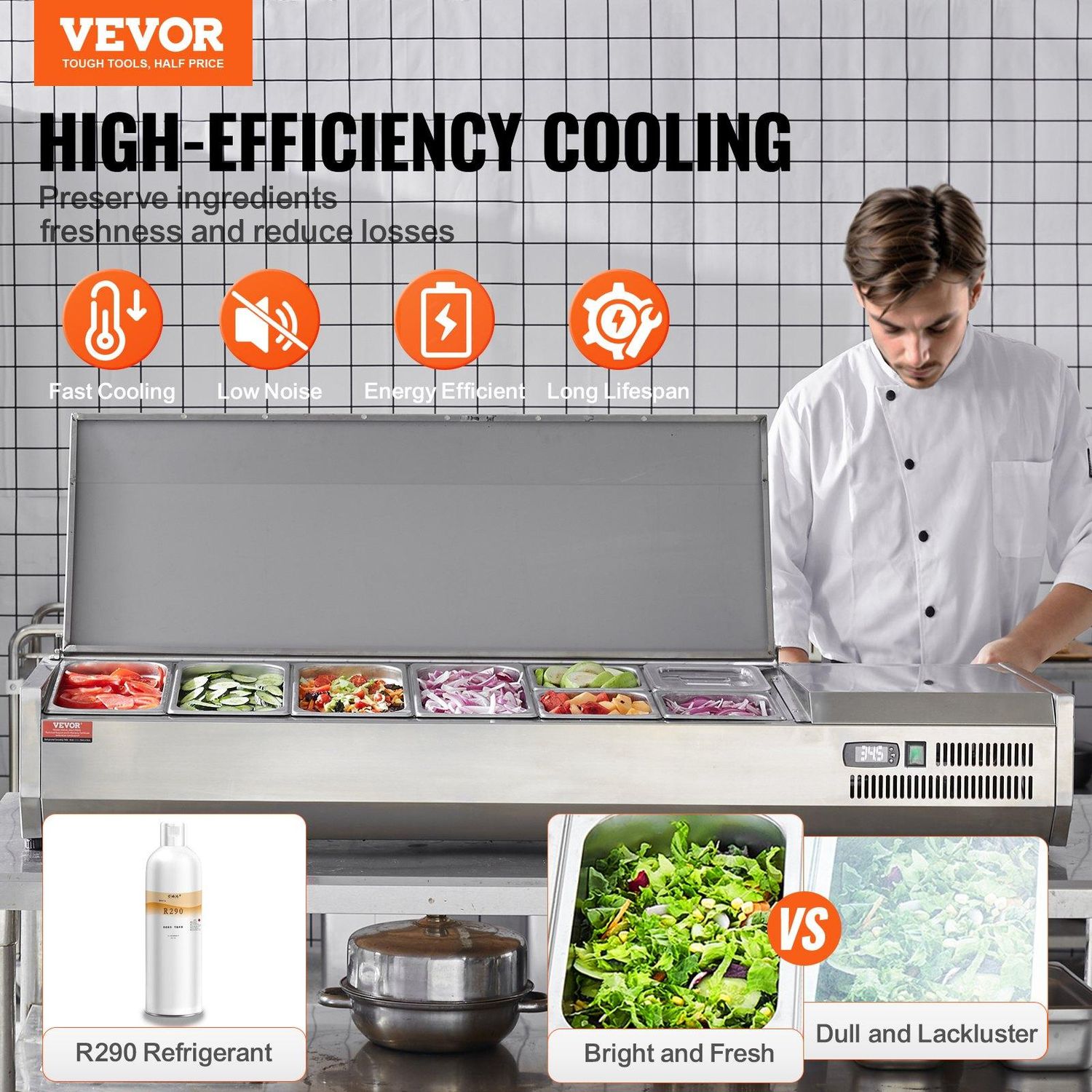 VEVOR Refrigerated Condiment Prep Station, 150 W Countertop Refrigerated, Trays Number: Combo Tray (4+4)
