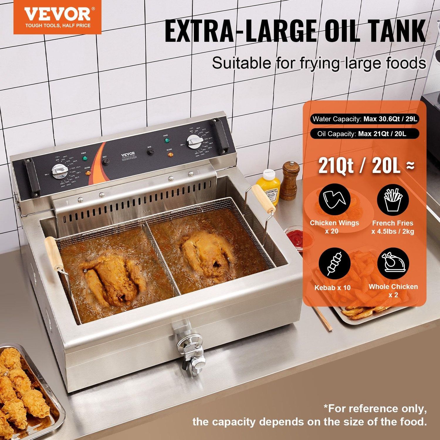 VEVOR Commercial Electric Deep Fryer Countertop Deep Fryer 3000W 30.6Qt / 29L, Function: Large Tub Upgrade Version
