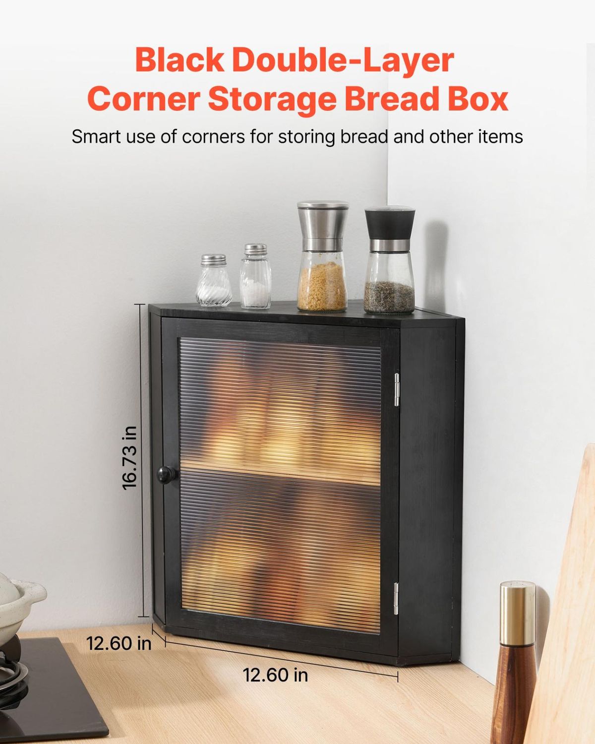 VEVOR Corner Bread Box for Kitchen Counter, Double Layer Large Capacity Bamboo, Color: Black