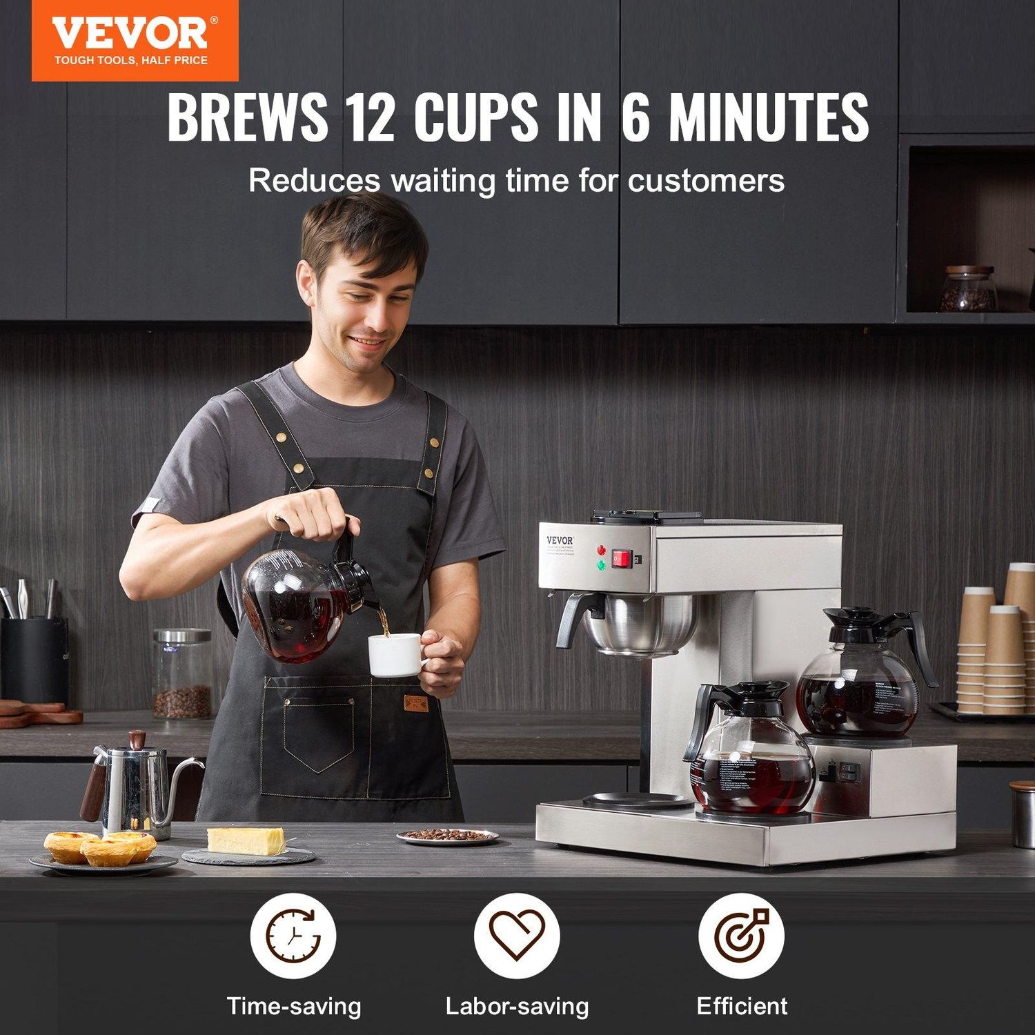VEVOR 12 Cups Commercial Drip Coffee Maker, Coffee Maker Machine with 3 Glass, Number of Insulation Zones: 3 Warming Zones