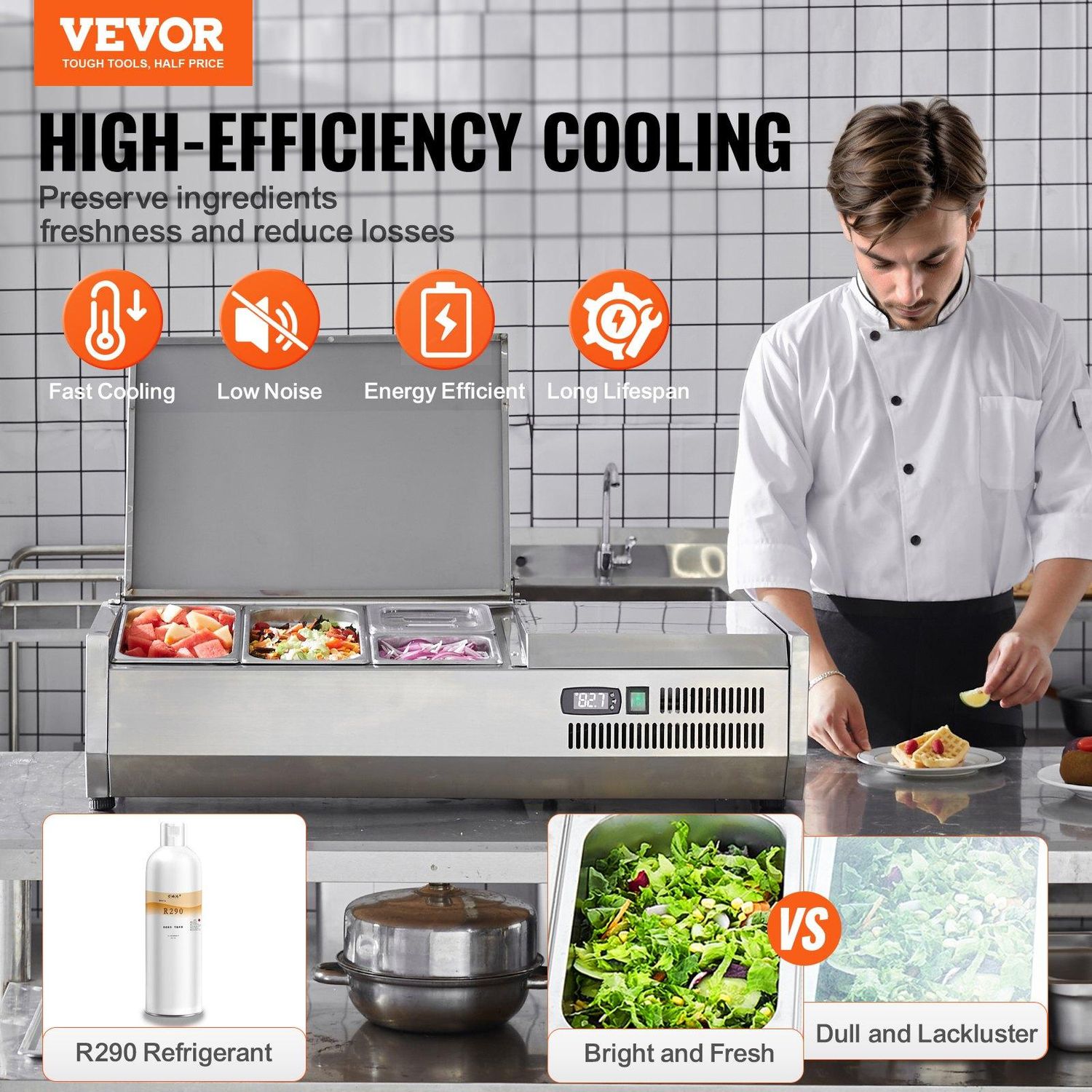 VEVOR Refrigerated Condiment Prep Station, 130 W Countertop Refrigerated, Trays Number: Combo Tray (1+4)