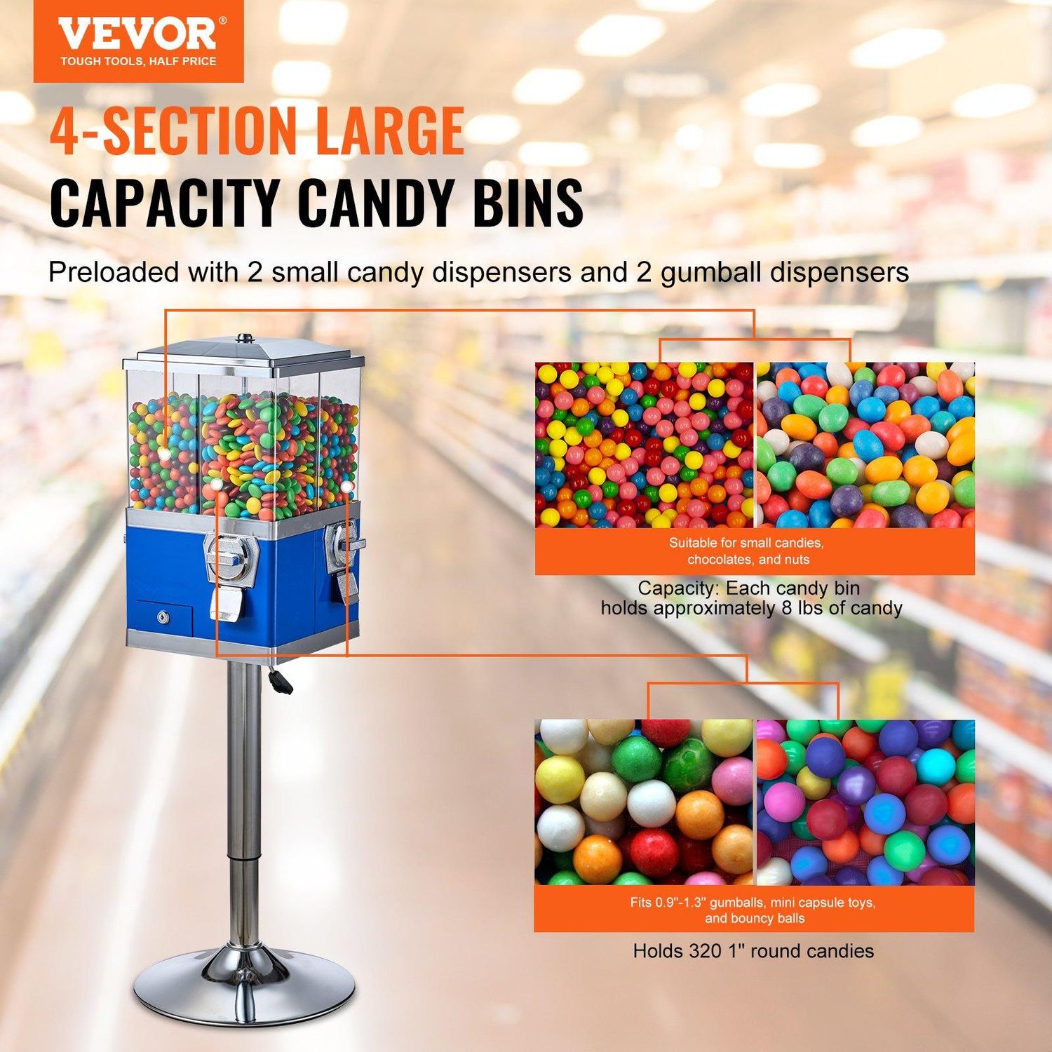 VEVOR Commercial Vending Machine, Four Compartment Rotatable Gumball and Candy, Color: Blue