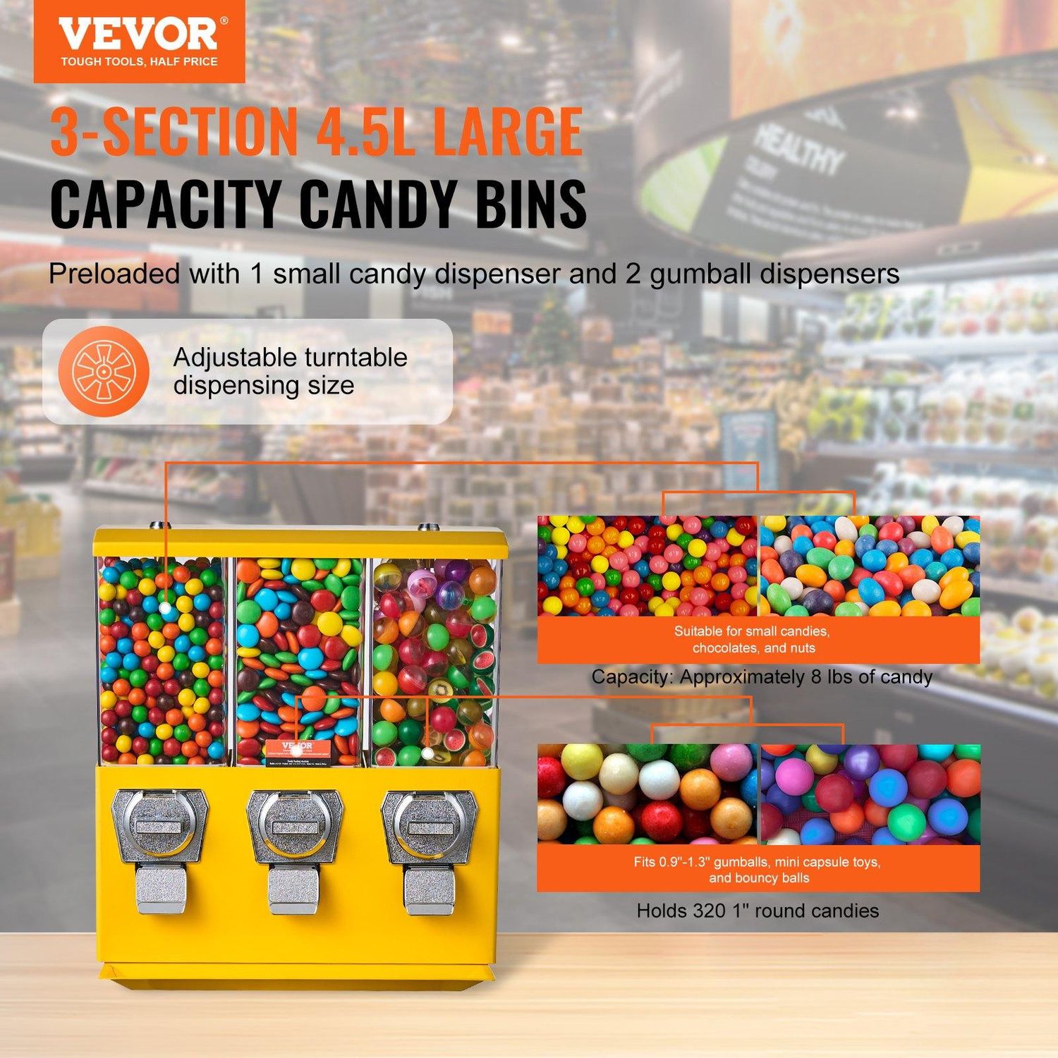 VEVOR Commercial Vending Machine, Triple Compartment Candy Dispenser with Iron, Color: Yellow