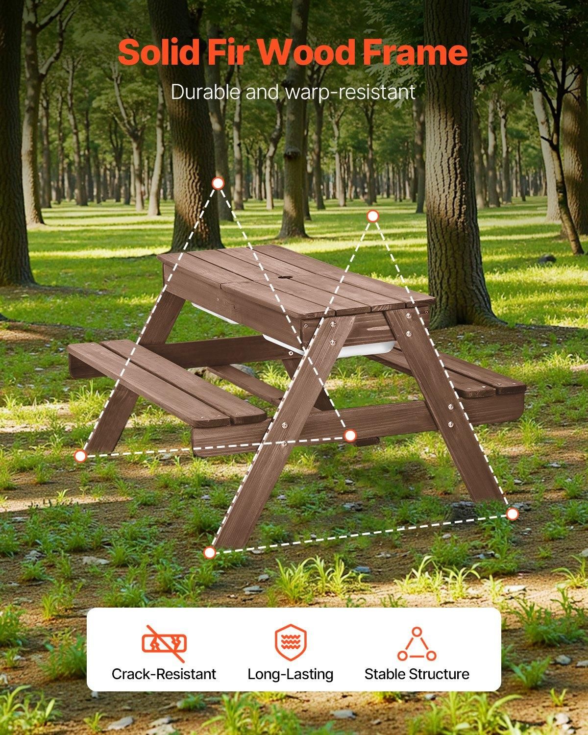VEVOR Kids Picnic Table with Umbrella, 3-in-1 Sand &amp; Water Table, Outdoor Wooden, Style: Square Table-With Umbrella