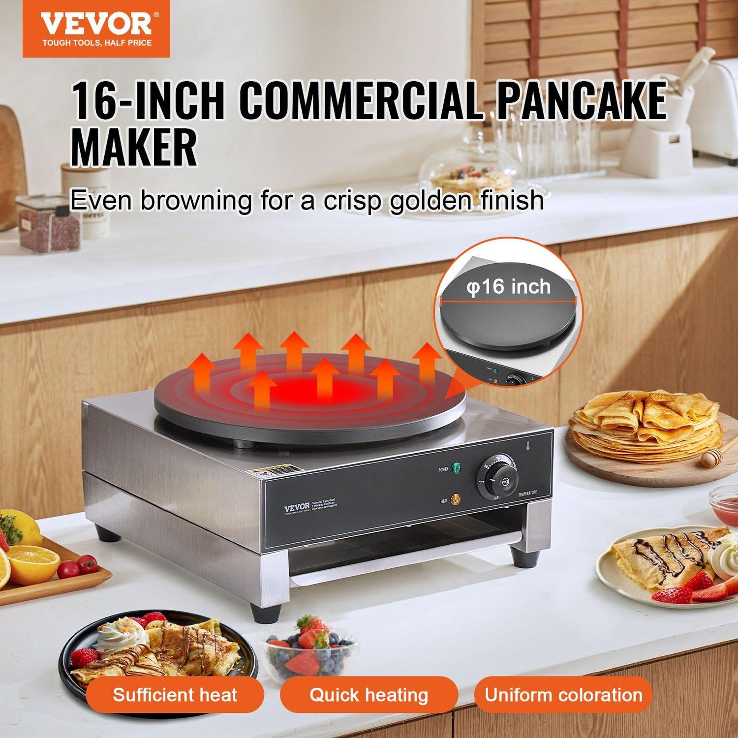 VEVOR Electric Crepe Maker, 16-Inch Commercial Crepe Machine, 1700W Flat Plate, Number of Layers: Single Row