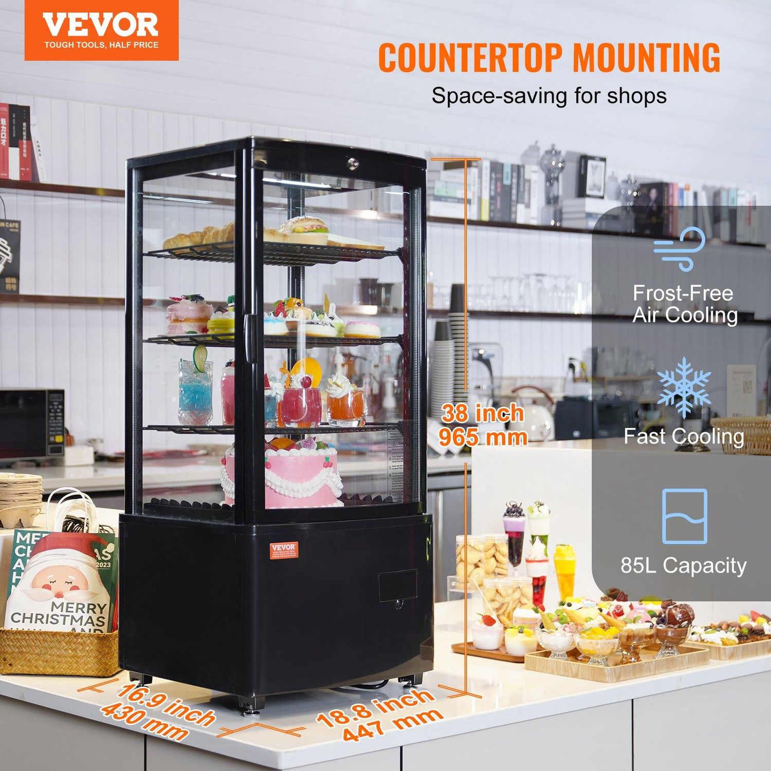 VEVOR Refrigerated Display Case, 3 Cu.Ft./85L Countertop Pastry Display Case, Number of Layers: 4