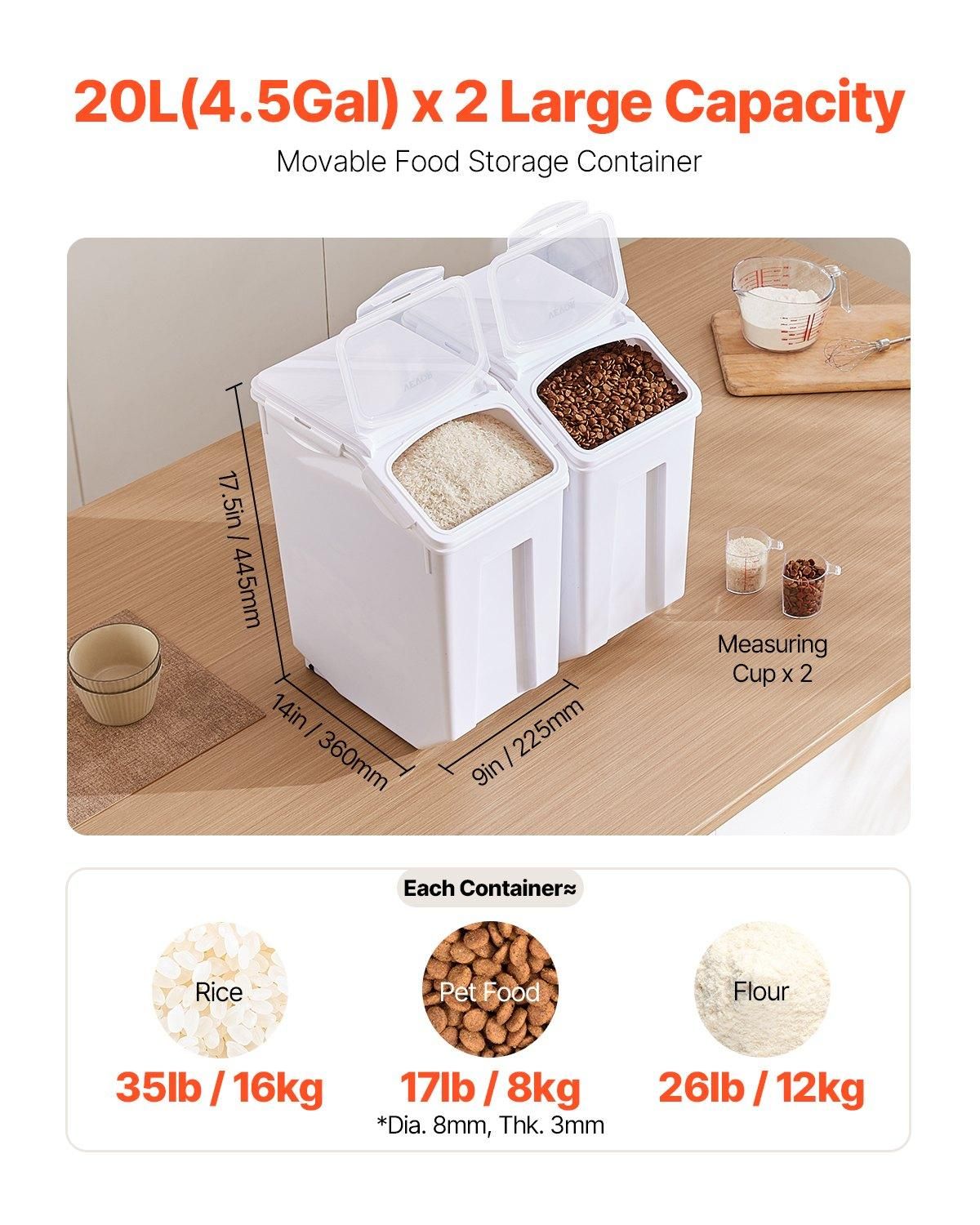 VEVOR Rice Storage Container, 4.5Gallon/20L x2 Capacity Large Dog Food Dispenser, Capacity: 40 L