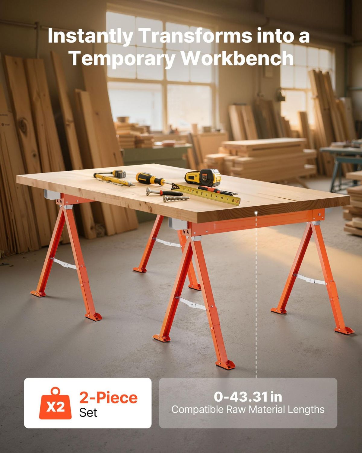 VEVOR Saw Horses, 2 Pack Folding Work Horses, 1323 lbs Load Capacity Sawhorse, Load Bearing: 1323 lbs