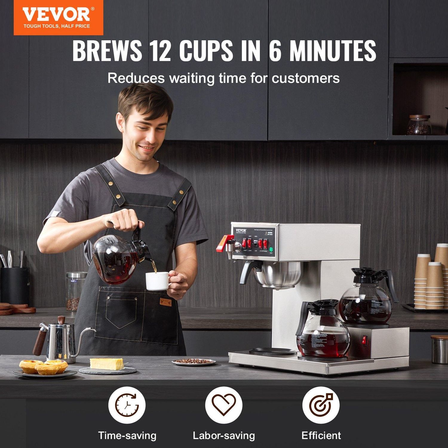 VEVOR 12 Cups Commercial Drip Coffee Maker, Coffee Maker Machine with 3 Glass, Number of Insulation Zones: 3 Warming Zones