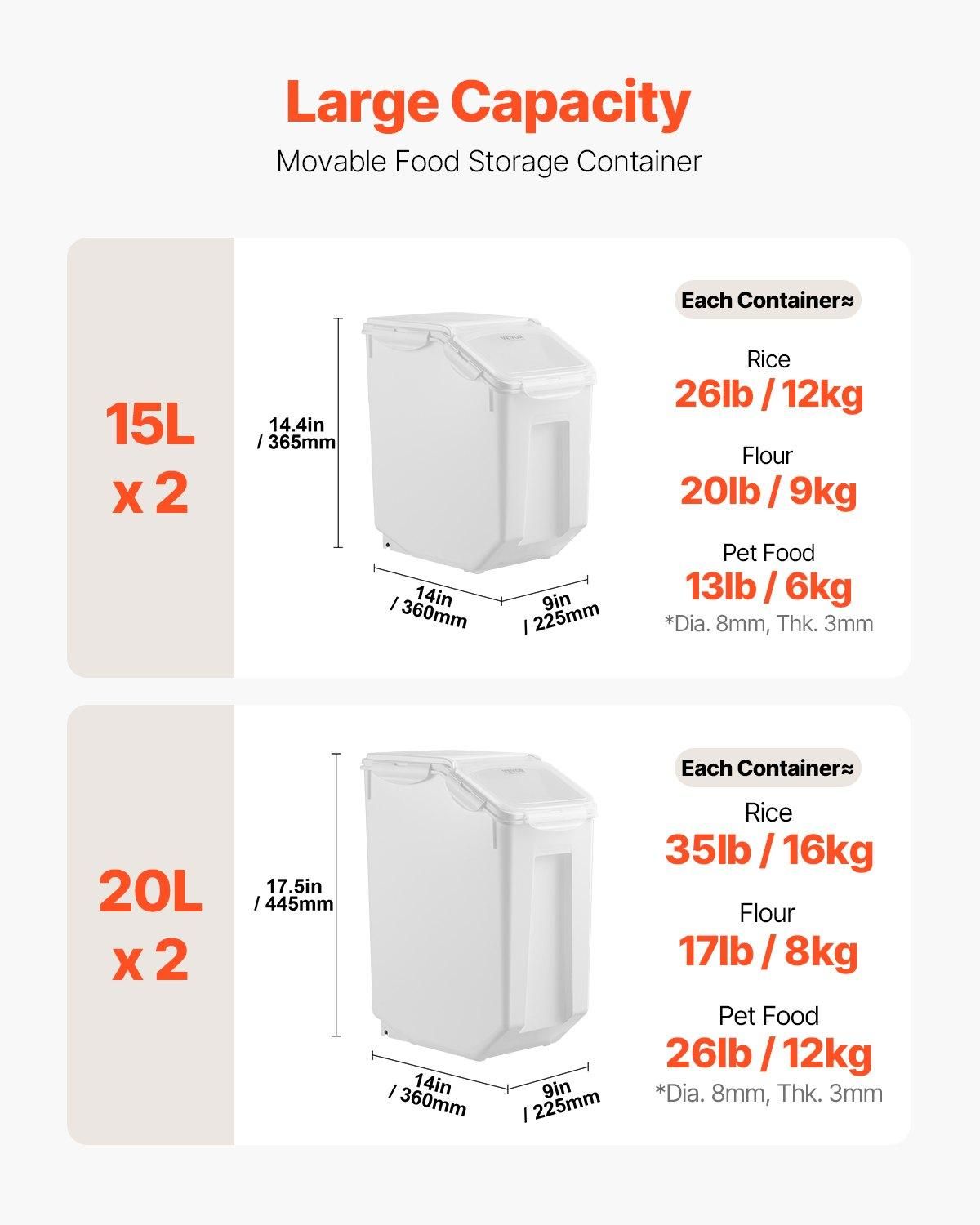 VEVOR Rice Storage Container, 3.5Gal/15Lx2 + 4.5Gal/20Lx2 Large Dog Food, Capacity: 100 L
