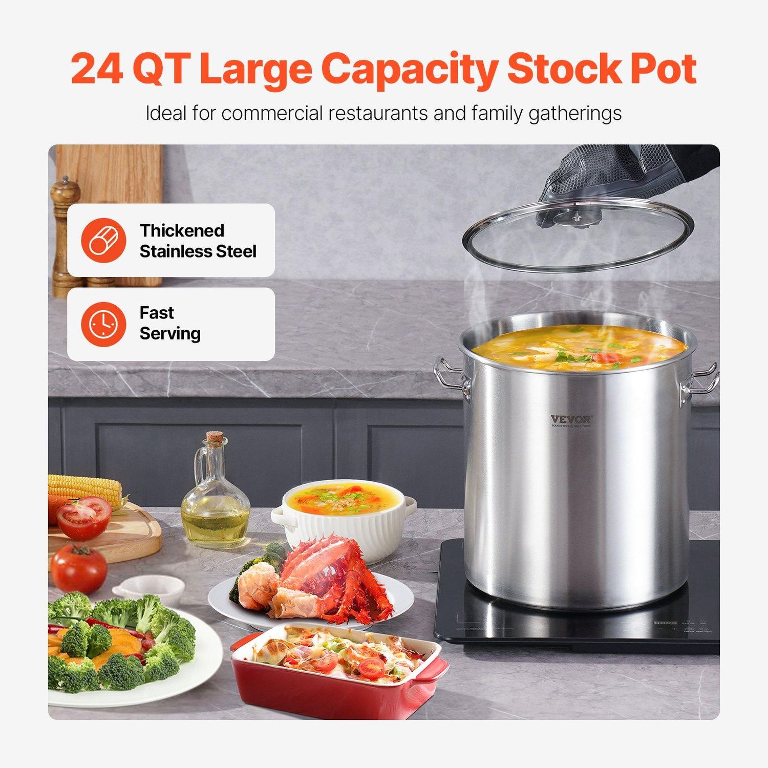 VEVOR Stainless Steel Stockpot, 24 Quart Cooking Pots, Cookware Sauce Pot with, Capacity: 24 QT