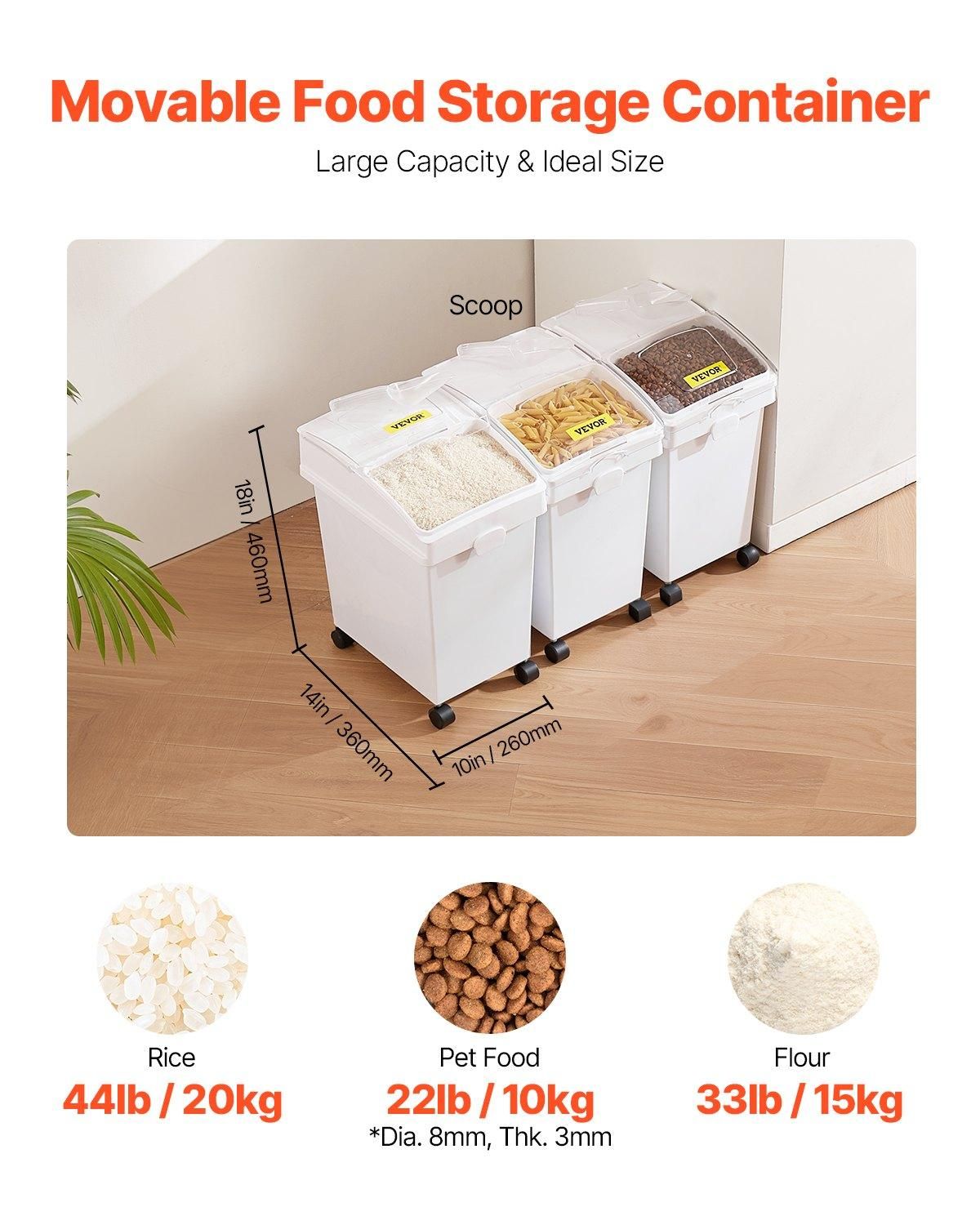 VEVOR Rice Storage Container, 6.6Gallon/25L x3 Capacity Large Dog Food Dispenser, Rice Box Capacity: 20 L x 3 (5.2 Gallon x 3)