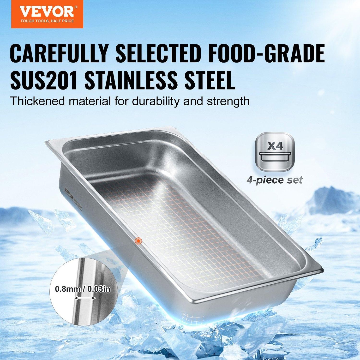 VEVOR 4 Pack Hotel Pans, Full Size Anti-Jam Steam Pan with Lid, 0.8mm Thick, Quantity: 4 PCS