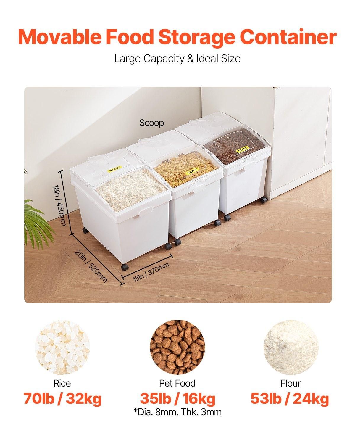 VEVOR Rice Storage Container, 10.5Gallon/40L x3 Capacity Large Dog Food, Rice Box Capacity: 40L x 3 (10.5 Gallon x 3)