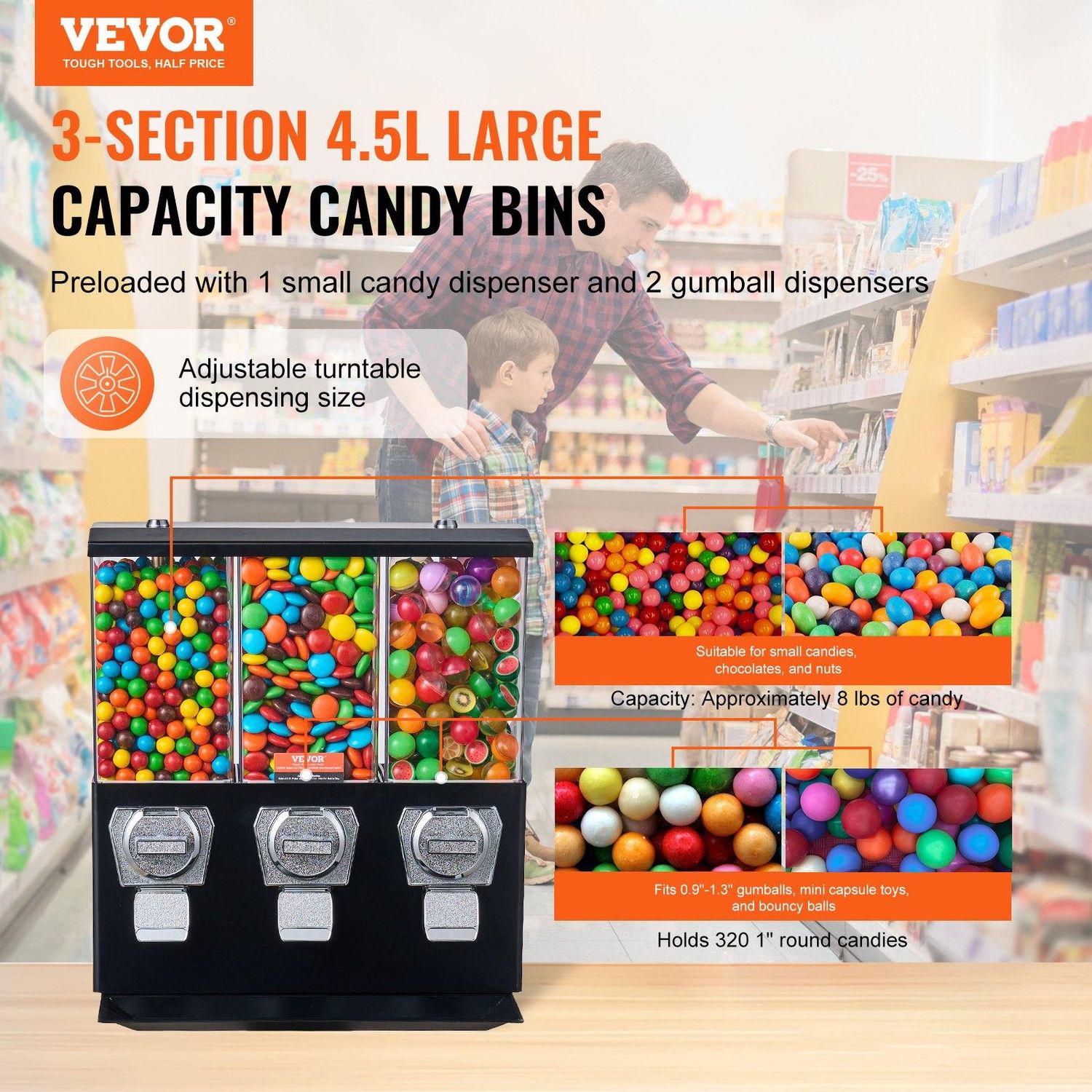 VEVOR Commercial Vending Machine, Triple Compartment Candy Dispenser with Iron, Color: Black