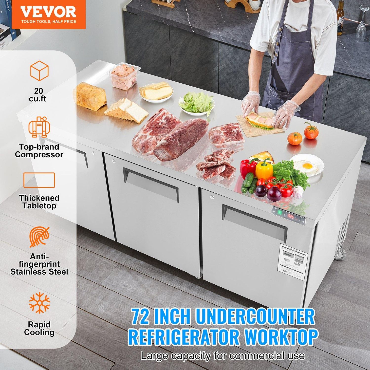 VEVOR 72&quot; Commercial Refrigerator Sandwich &amp; Salad Prep Table, 20 Cu. Ft, Capacity: 20 cu.ft