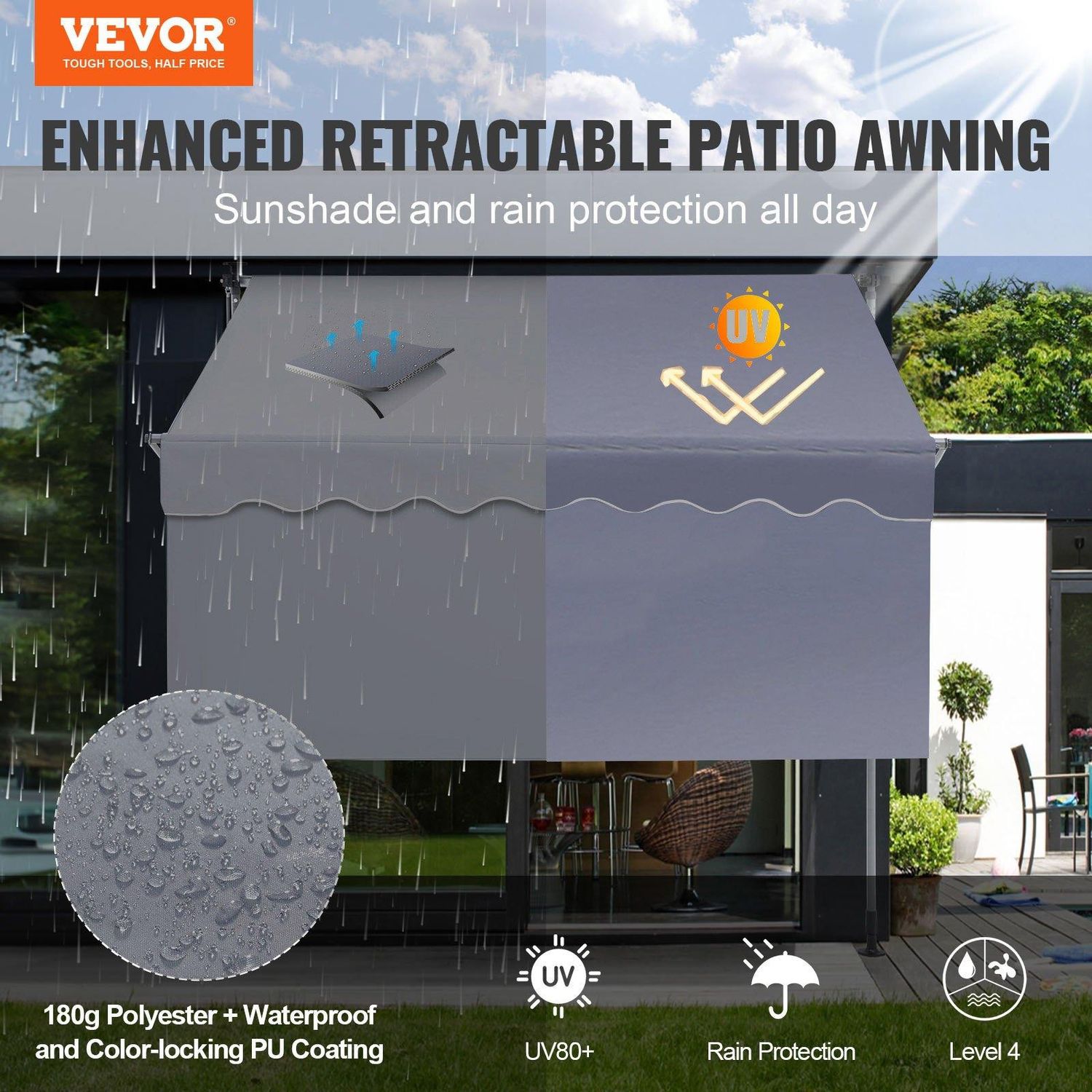 VEVOR Manual Retractable Awning, 118&quot; Outdoor Retractable Patio Awning Sunshade, Product Size: 118&quot; x 47&quot;