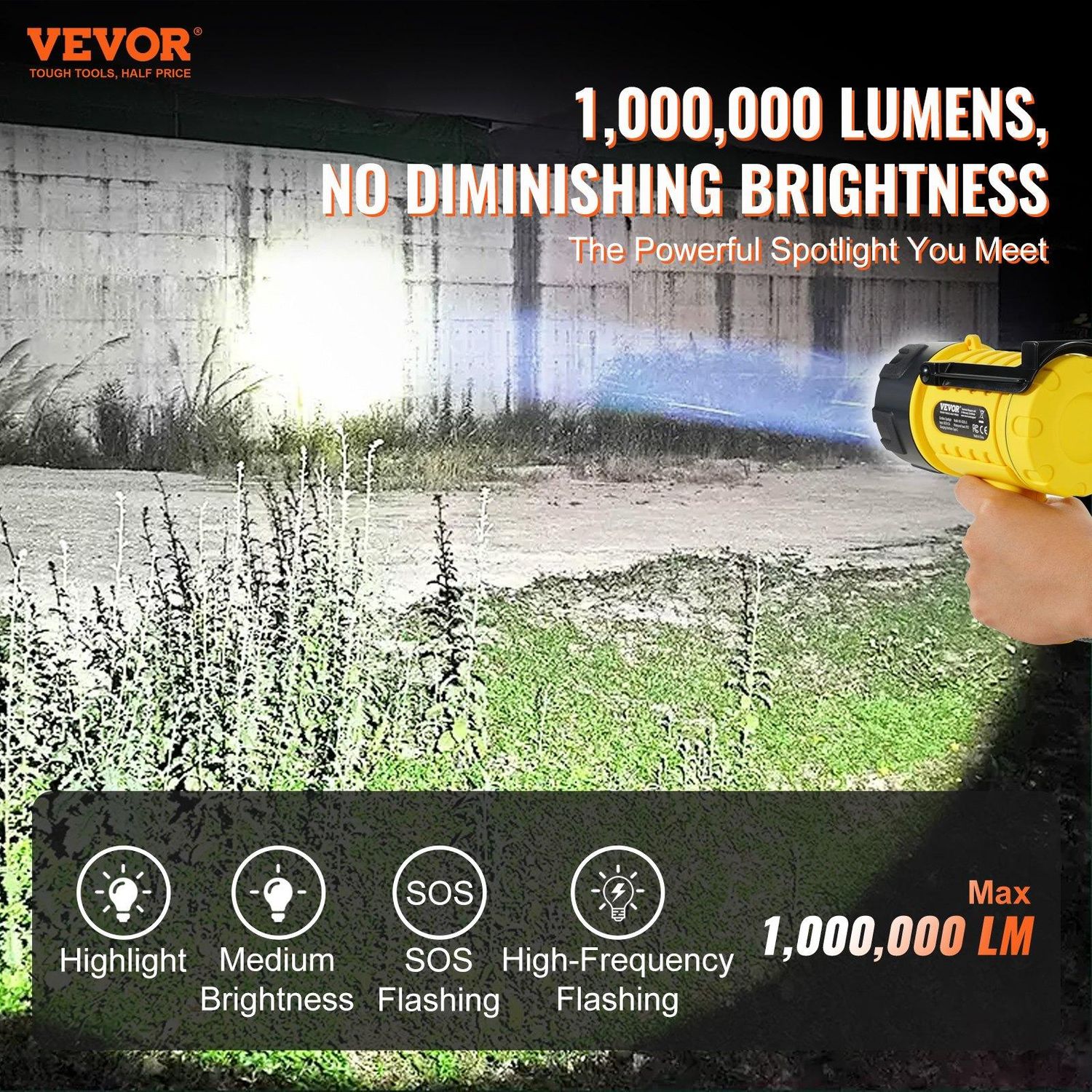 VEVOR Rechargeable Spotlight Flashlight, 1000,000 Lumens, IP67 Waterproof, Lumen: 1000000LM