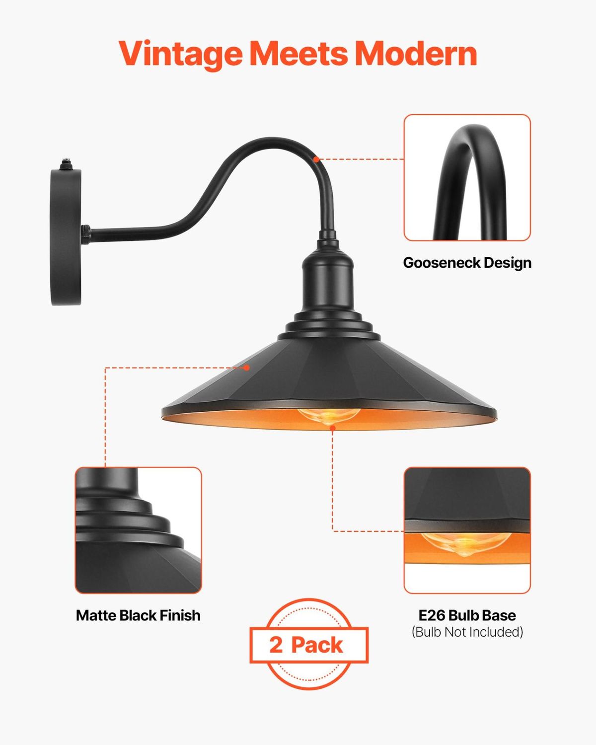 VEVOR Outdoor Barn Light, 11.5 in Diameter, 2-Pack Farmhouse Gooseneck Light