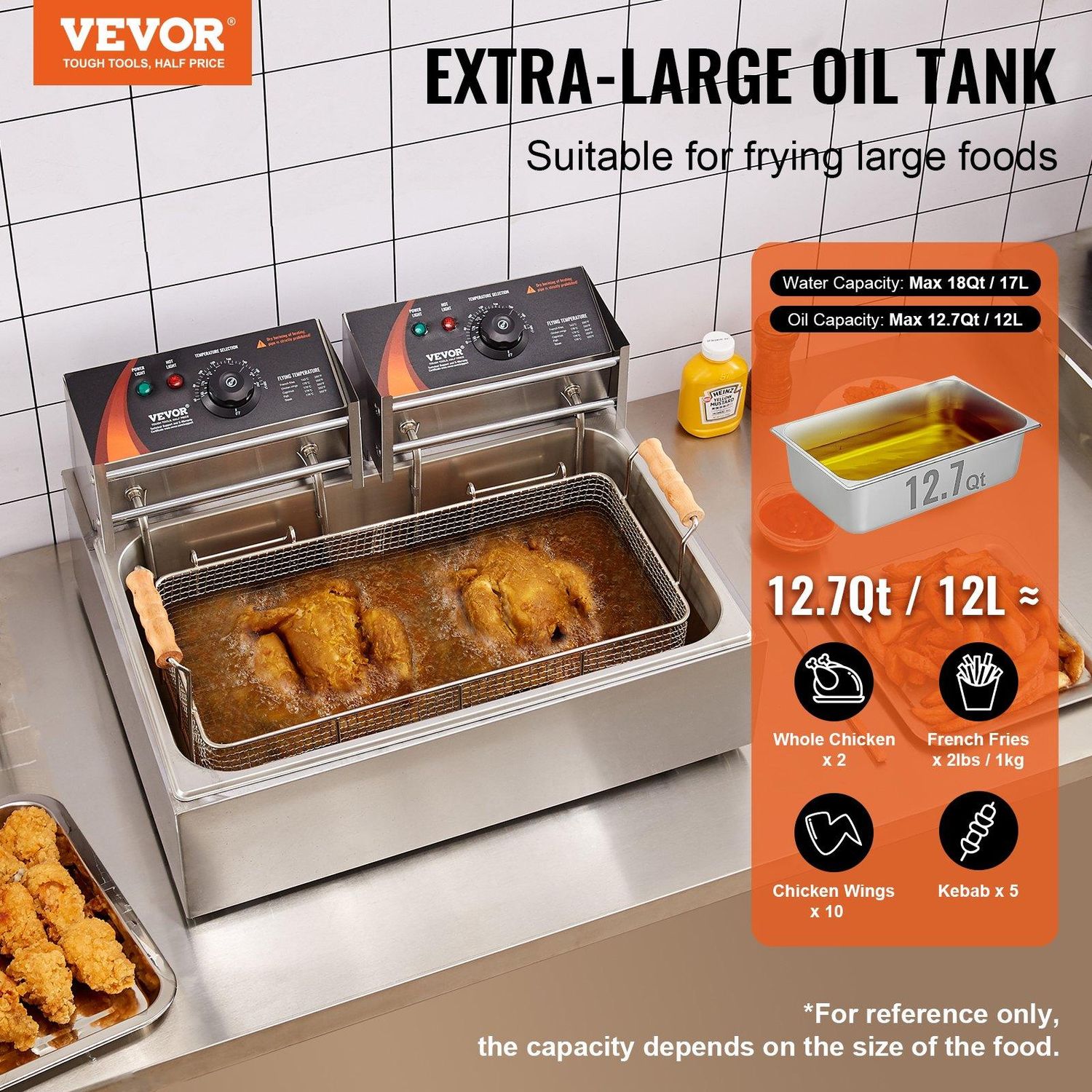VEVOR Commercial Electric Deep Fryer Countertop Deep Fryer 3000W 18Qt / 17L, Function: Large Tub Basic Version