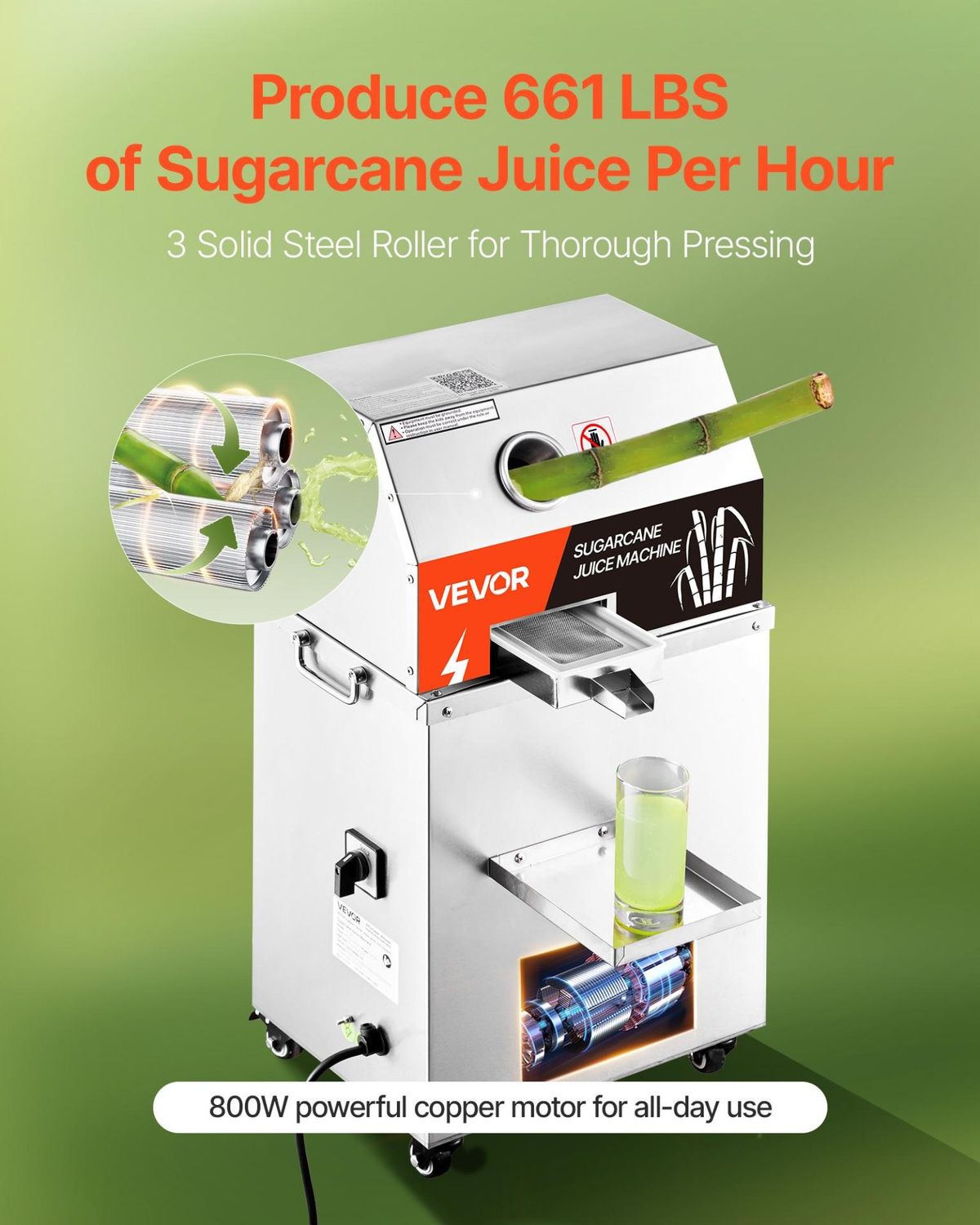 VEVOR Commercial Sugar Cane Juicer, 800W Electric Sugarcane Juicer Machine with, Power: 800 W